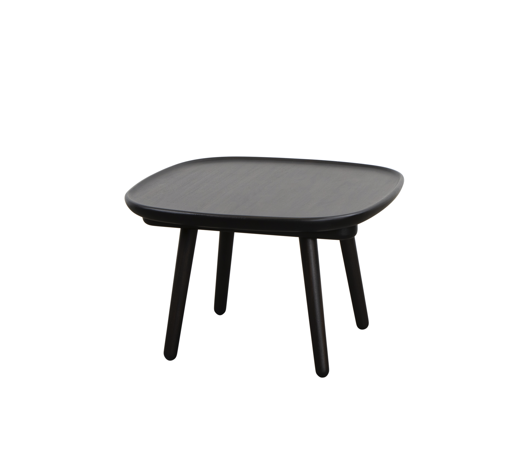 Quadratischer schwarzer Tisch mit einer glatten Oberfläche und vier schlanken Beinen, entworfen für Vielseitigkeit und Einfachheit im Stil.