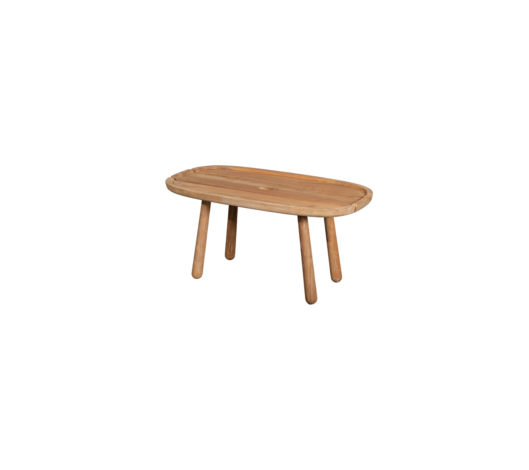 Ein Holztisch mit ovaler Platte und vier stabilen Beinen, entworfen für eine moderne oder rustikale Ästhetik.
