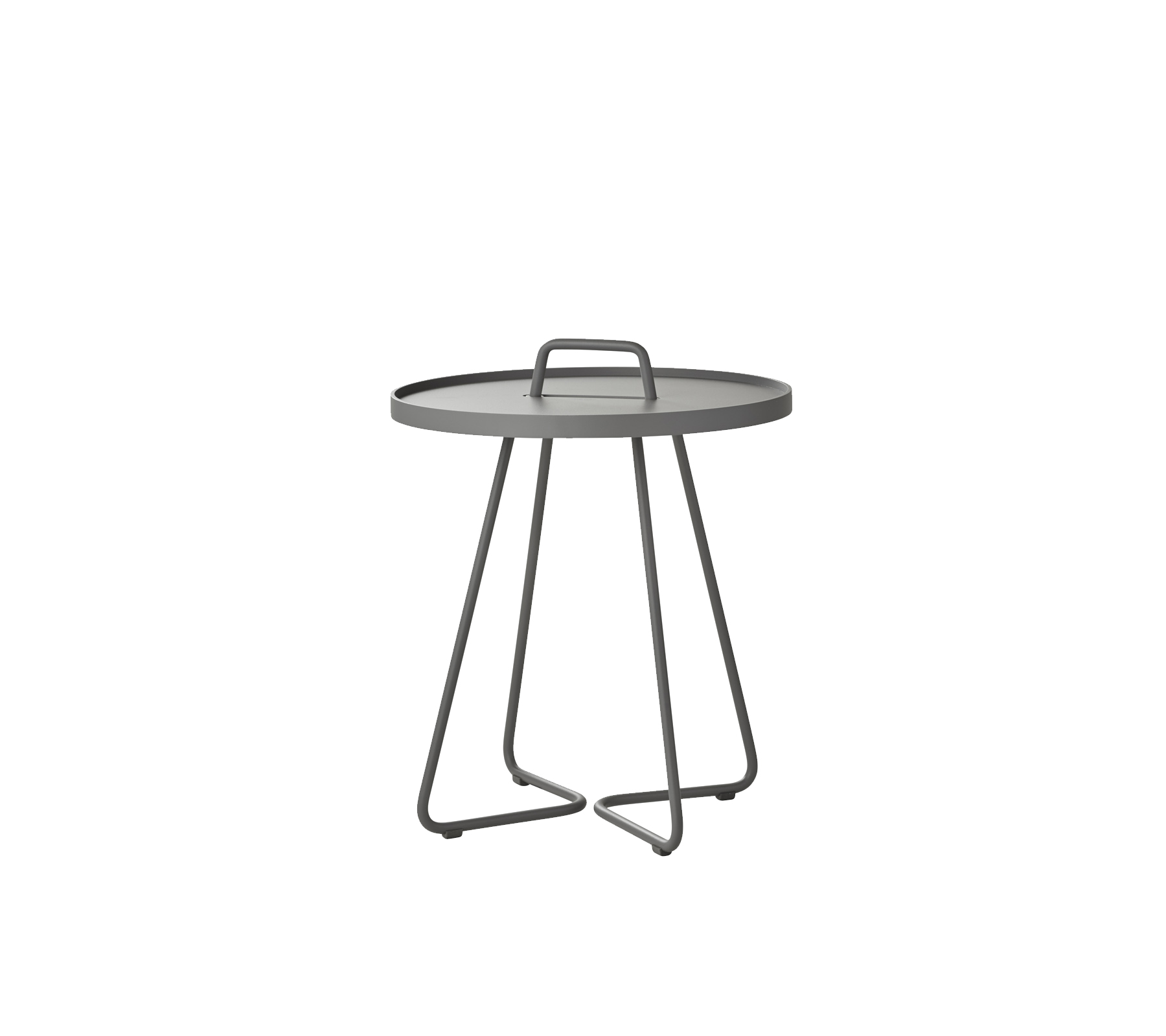 Kleiner runder Tisch mit einer grauen Tablettoberfläche und minimalistischen Metallbeinen, ausgestattet mit einem Griff für einfache Mobilität. Ideal für verschiedene Umgebungen.