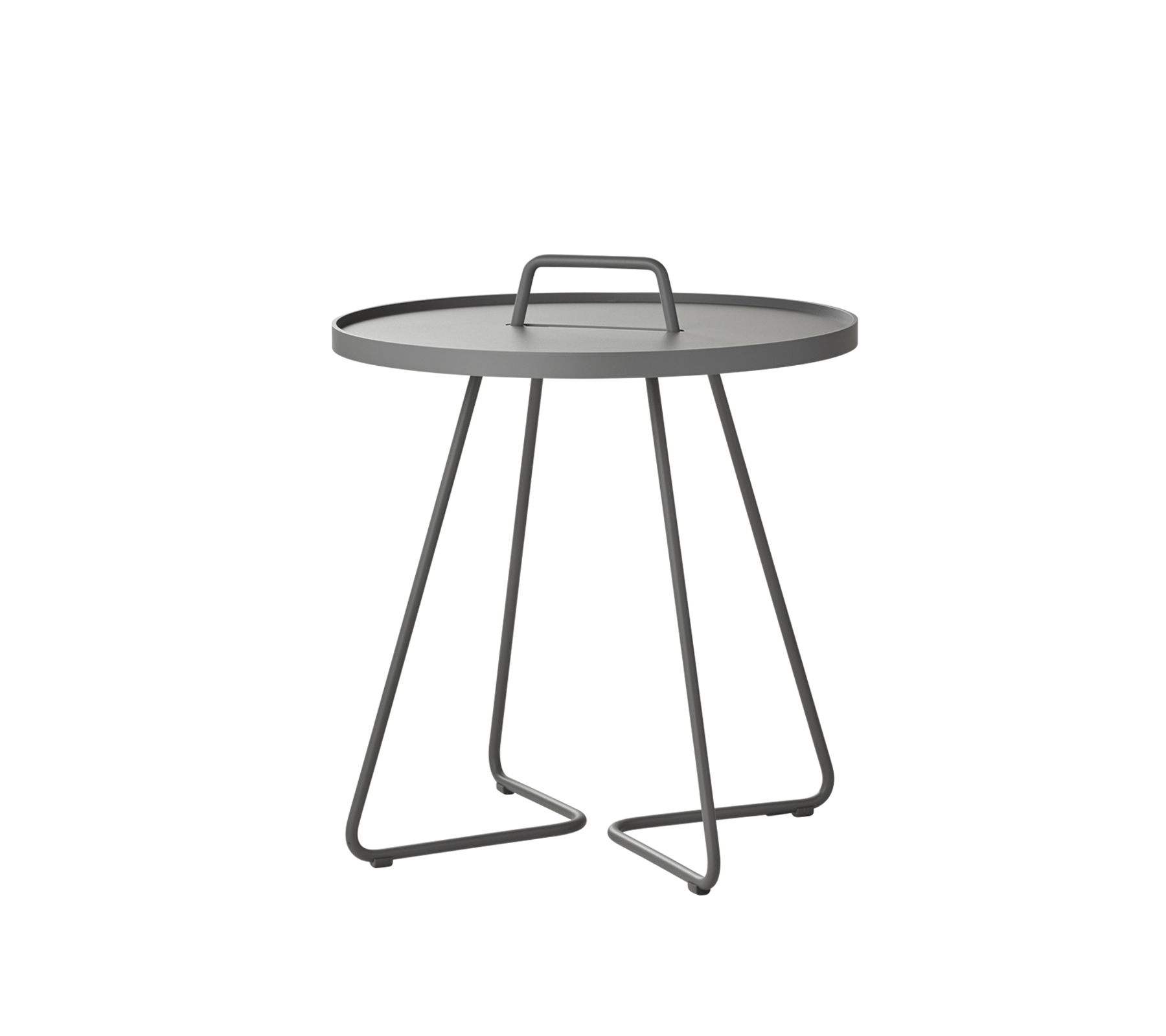 Runder Tisch mit einer schlanken grauen Oberfläche und minimalistischen Metallbeinen, entworfen für vielseitige Nutzung in verschiedenen Umgebungen.