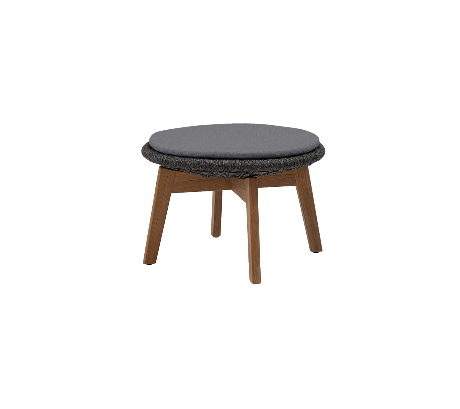 Runder Ottoman mit einem dunkelgrauen gepolsterten Oberteil und Holzbeinen, entworfen für vielseitige Sitzgelegenheiten oder als Fußablage.