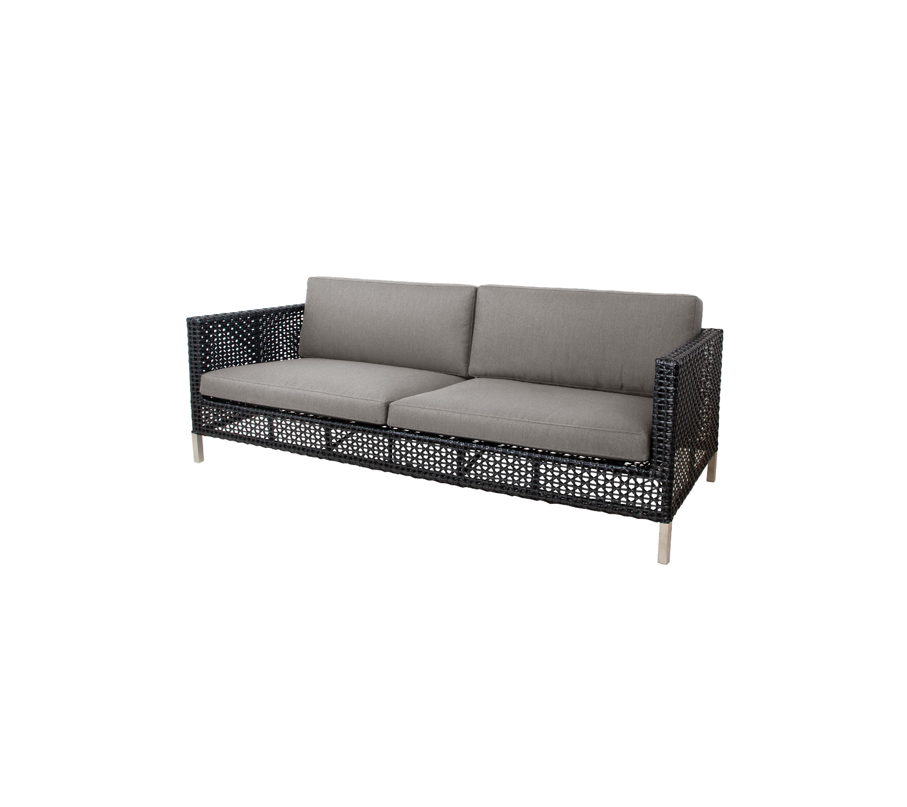 Stylische Sofa mit einem gewebten Design und grauen Kissen, gestaltet für Komfort und modernes Ästhetik. Perfekt für jeden Sitzbereich.
