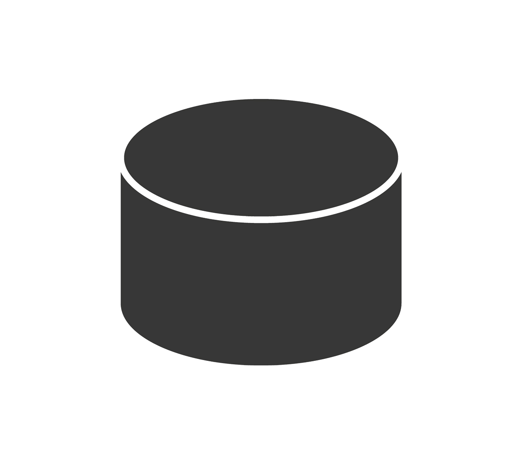 Ein einfaches zylindrisches Objekt in dunkel Farbe, mit einer flachen Oberseite und Seiten, das eine grundlegende geometrische Form darstellt.