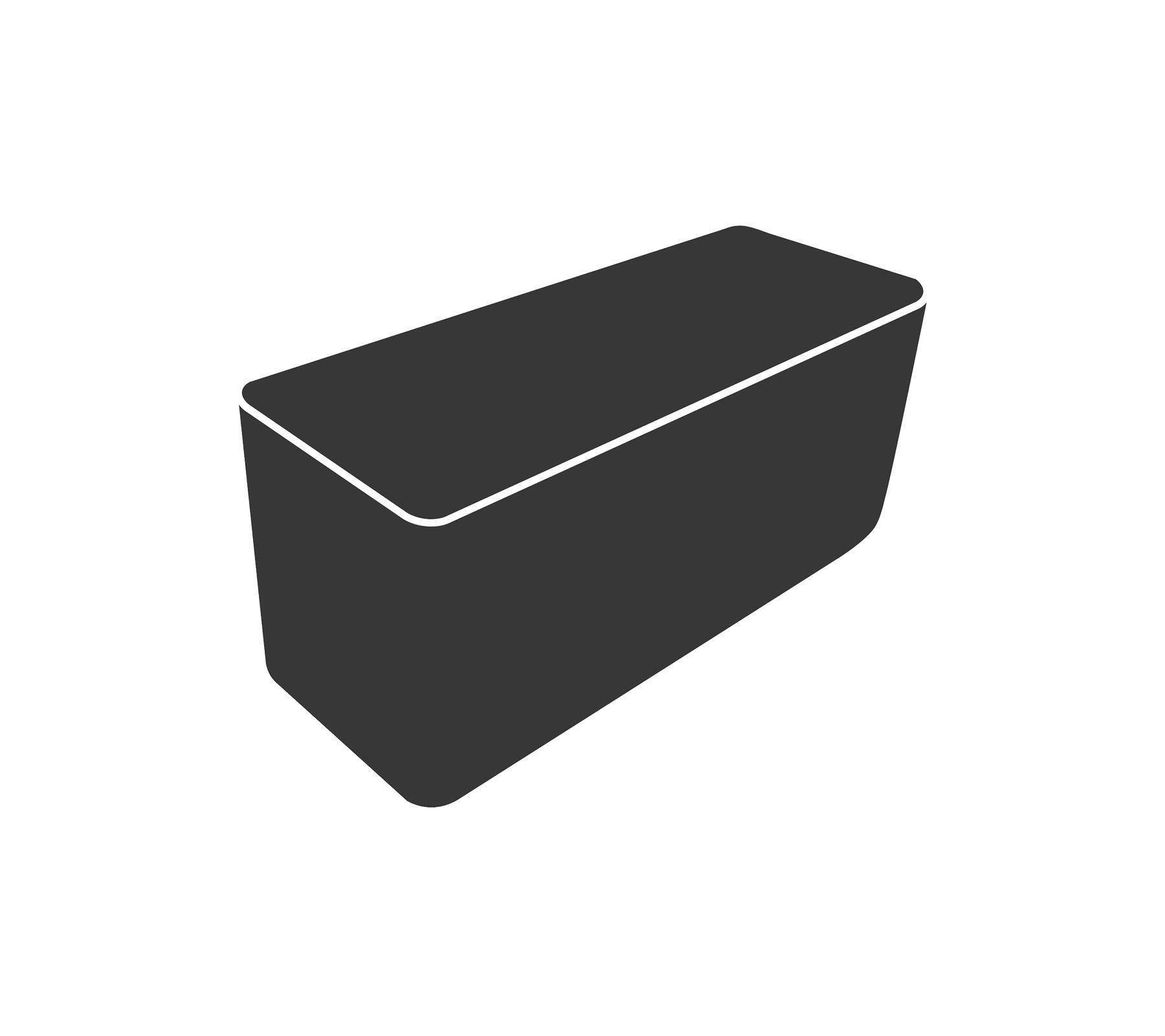 Graue Aufbewahrungsbox mit einem rechteckigen Deckel und schrägen Seiten. Ideal, um verschiedene Gegenstände zu organisieren.