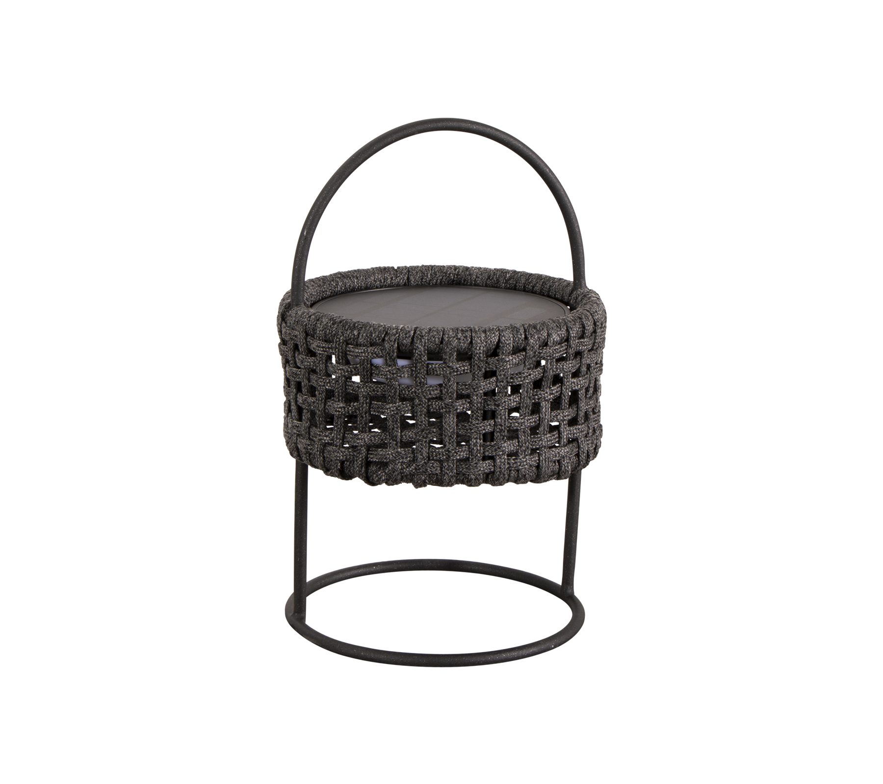 Geflochtene Schemel mit rundem Sitz und einem Griff, ausgestattet mit einem stabilen Metallrahmen und einem stilvollen, modernen Design.