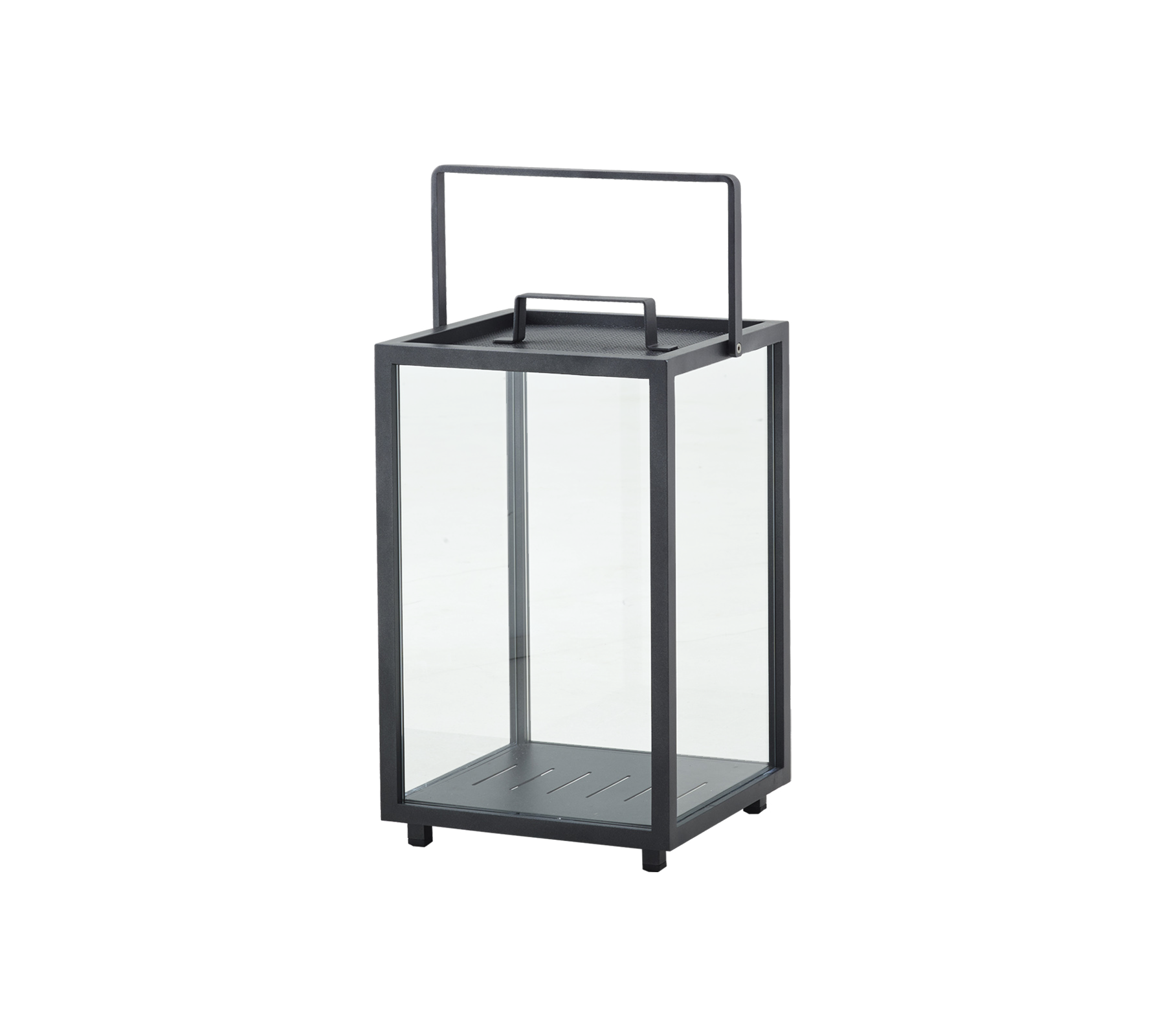 Glaslaterne mit einem Metallrahmen und Griff, ausgestattet mit einem schlanken Design für dekorative Nutzung oder Beleuchtung.