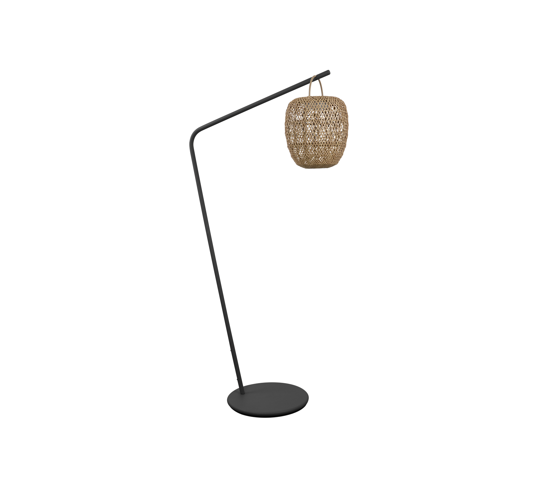 Eine stilvolle Stehlampe mit einem geschwungenen Design und einem gewebten Schirm, perfekt, um Ihrem Raum eine moderne Note zu verleihen.