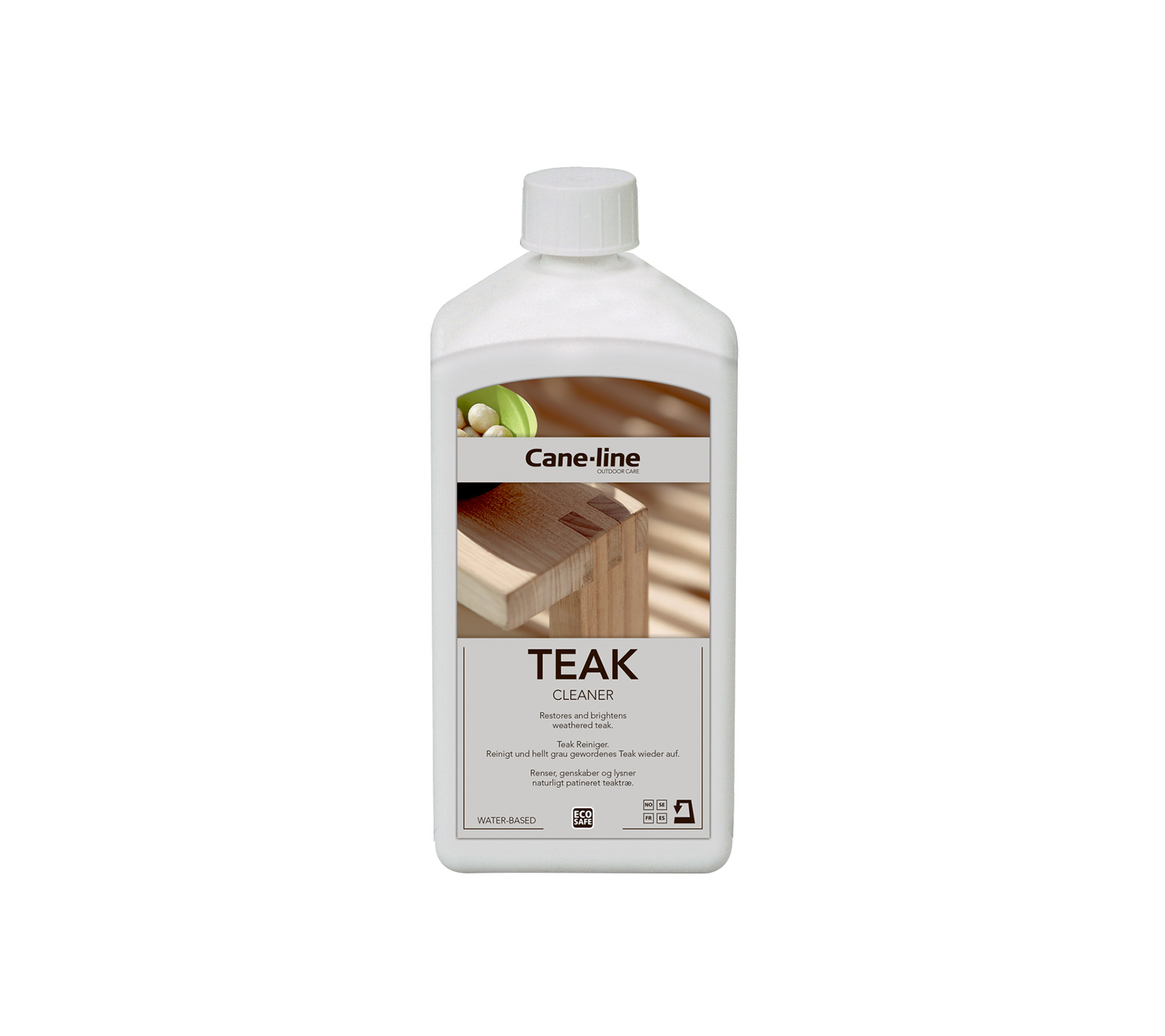 Flasche Teaköl für die Holzpflege mit einem Etikett für Produktinformationen und Anwendungshinweisen.