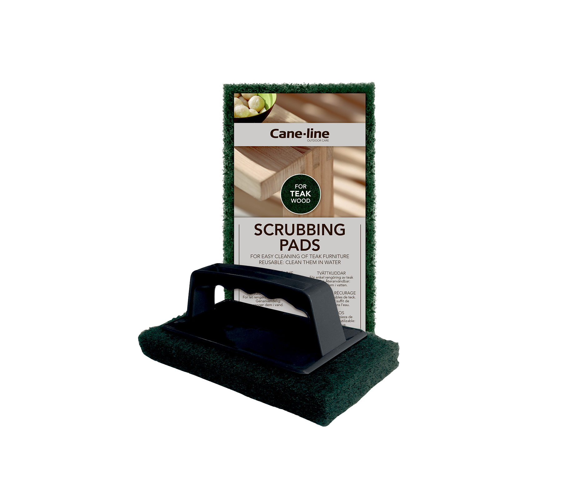 Reinigungspads mit Griff, entworfen für effektives Reinigen. Inklusive Verpackung mit dem Produktnamen. Ideal für verschiedene Reinigungsaufgaben.