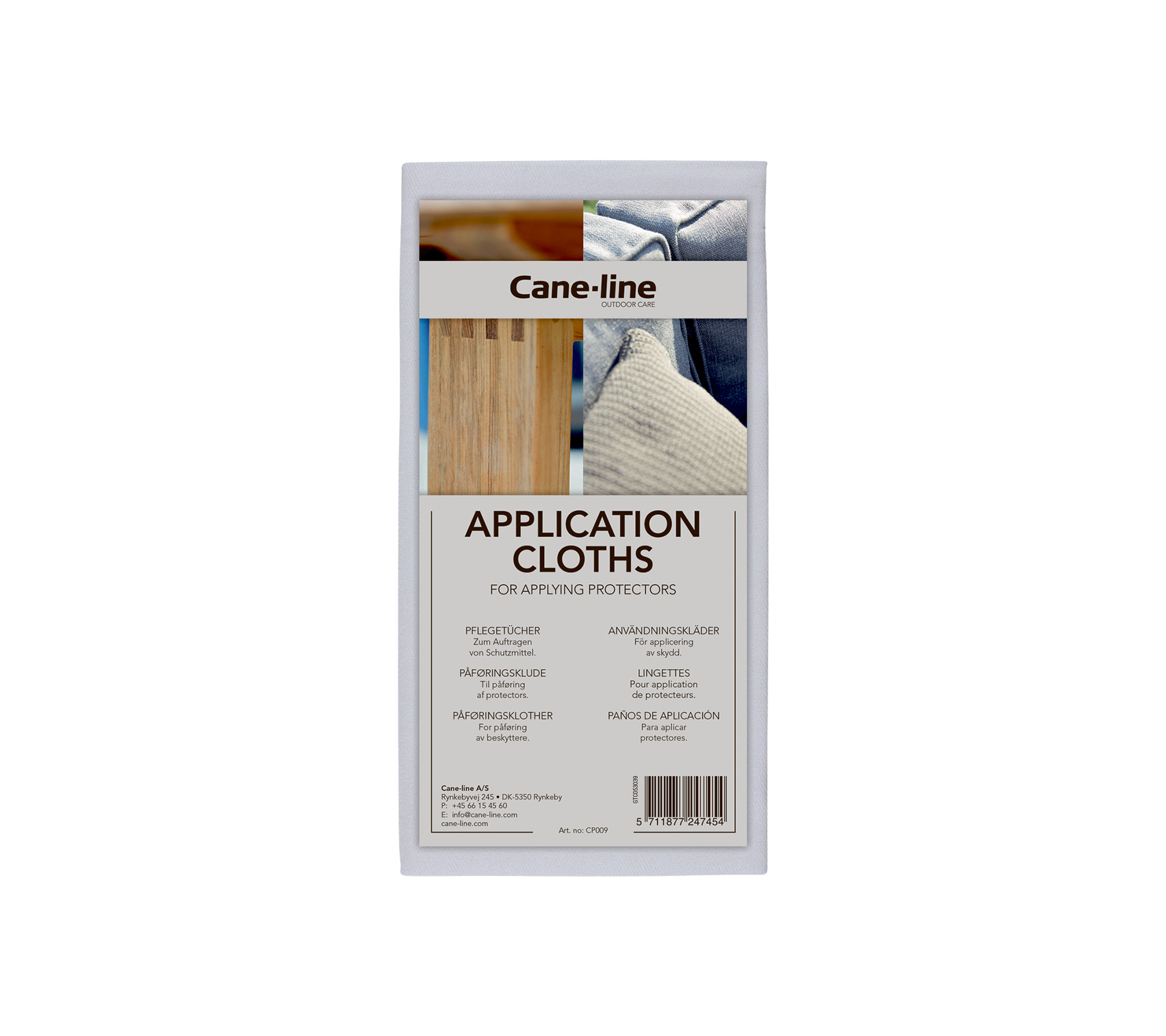 Cane-line Applikationstücher zum Oberflächenschutz, mit Anweisungen und Nutzungsdetails auf der Verpackung.