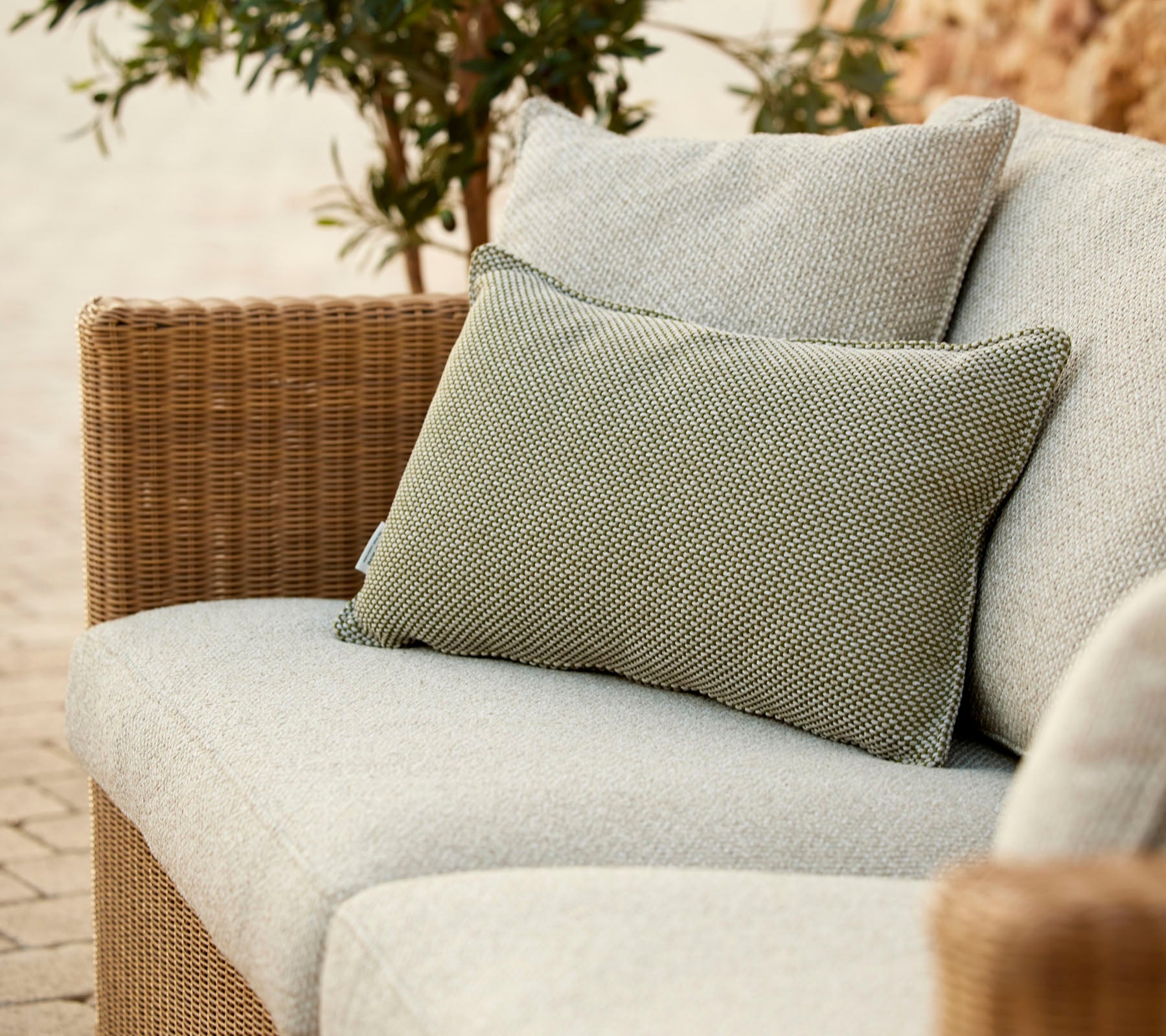 Ein stilvolles Sofa mit einem hellgrauen Kissen und einem strukturierten grünen Kissen, umgeben von Pflanzen. Perfekt zum Entspannen.