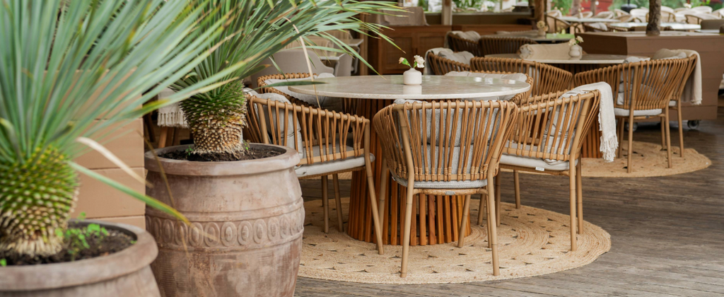 Josefina interior with Cane-line Ocean chairs and palms