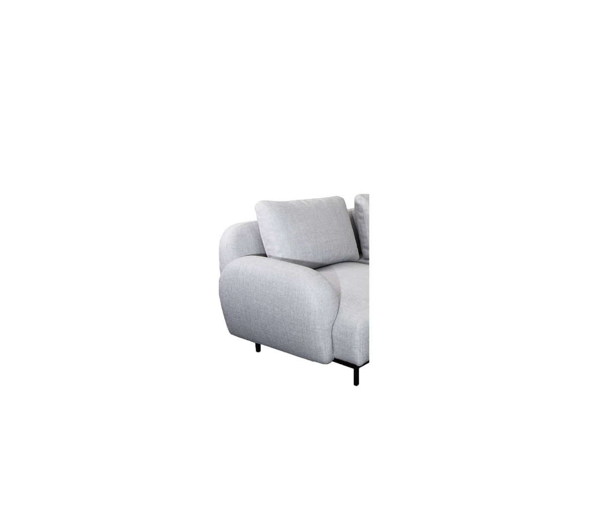 Hellgraue Ecksofa mit plüschigen Kissen und geschwungenen Armlehnen, entworfen für Komfort und Stil.