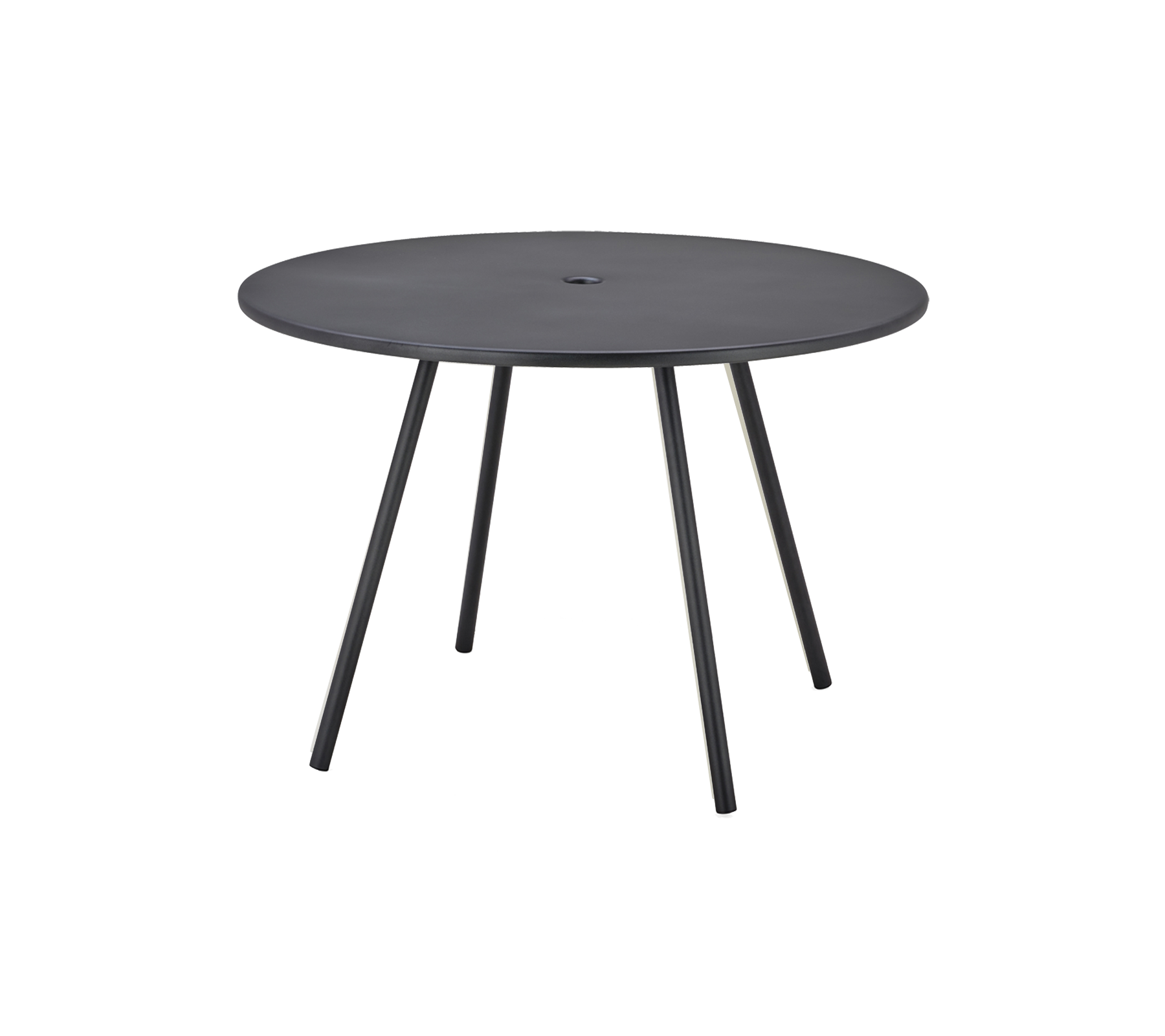 Runder schwarzer Tisch mit einer glatten Oberfläche und drei schlanken Beinen, entworfen für vielseitige Nutzung.