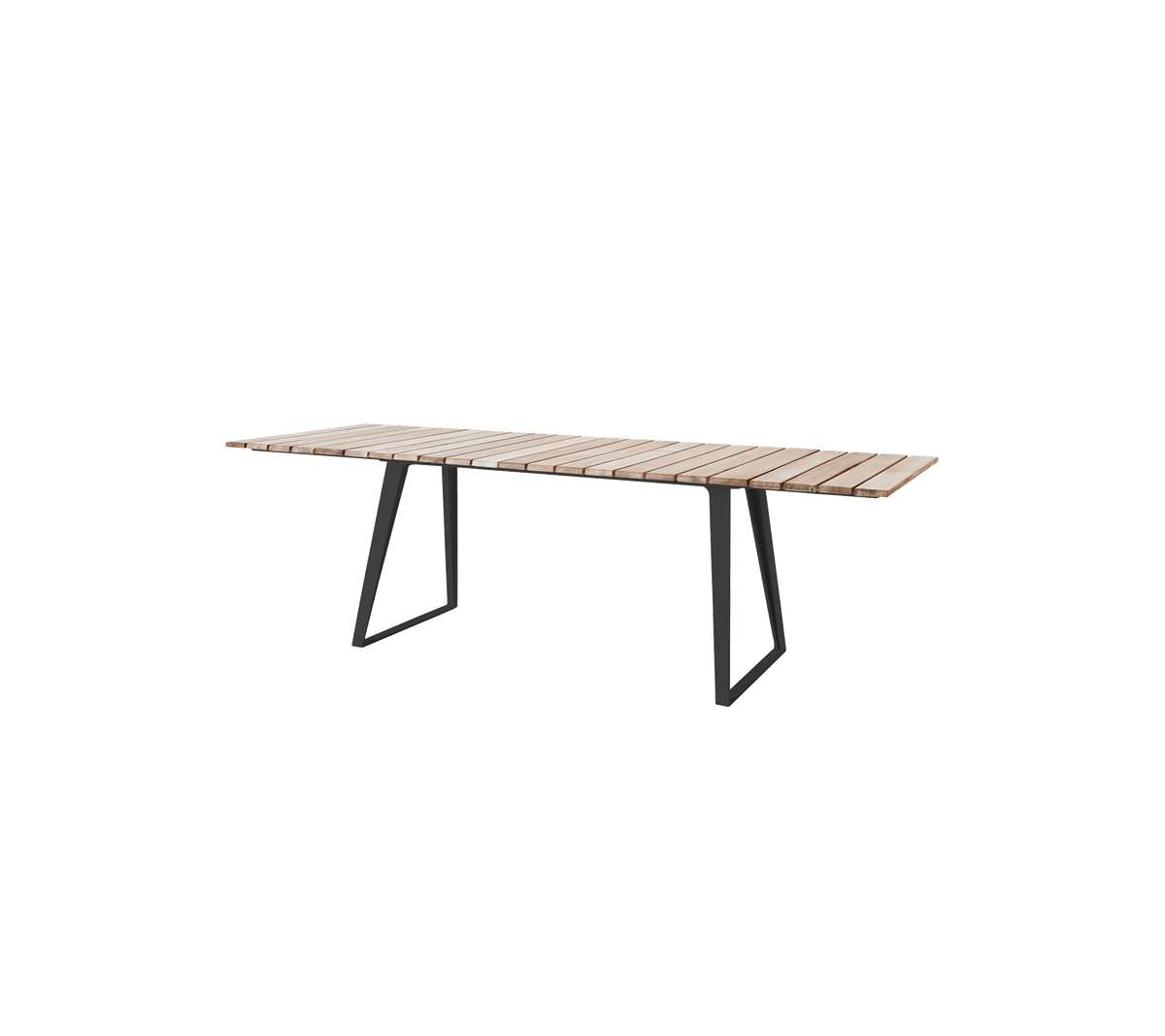 Modernes Holztisch mit einem lamellierten Oberteil und schlanken Metallbeinen, geeignet für verschiedene Umgebungen und Zusammenkünfte.