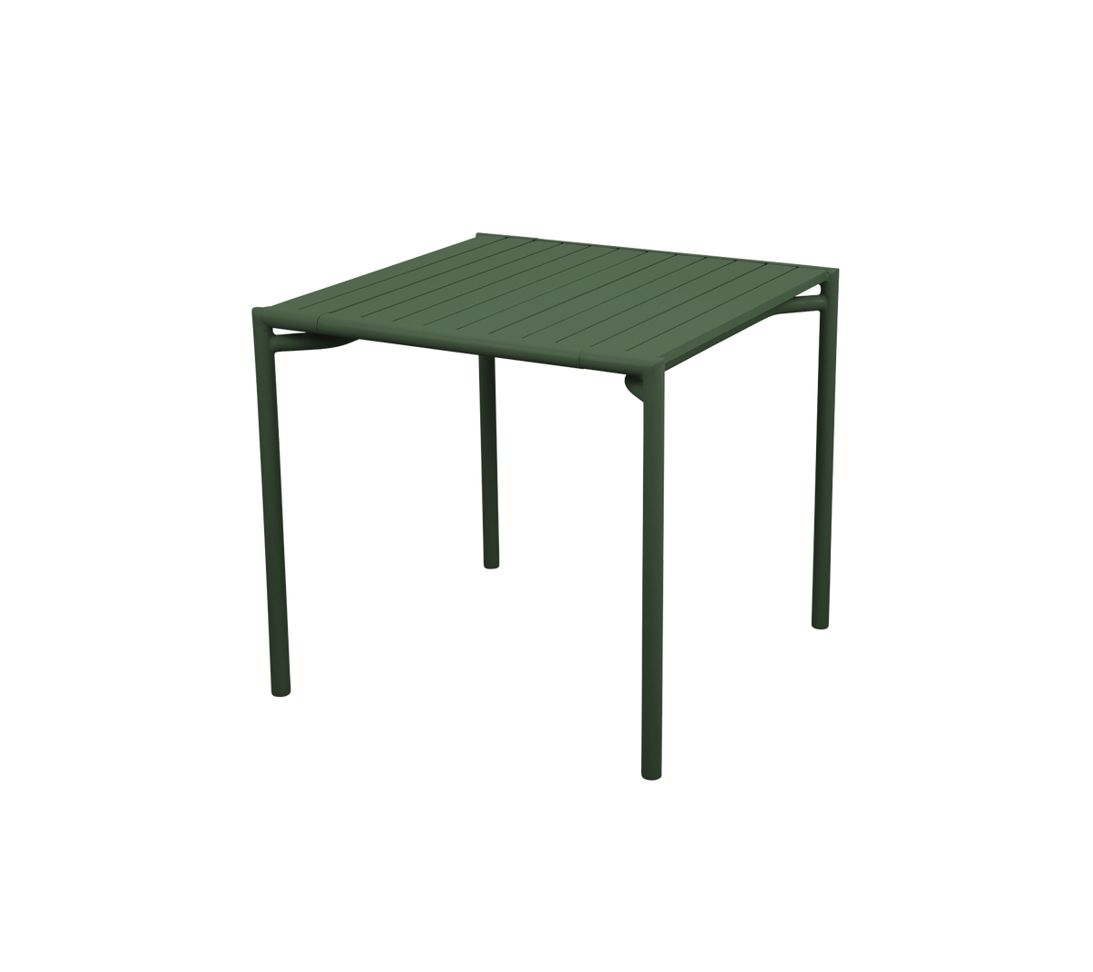 Quadratischer Tisch mit einer lamellenförmigen Oberfläche und stabilen grünen Beinen, entworfen für vielseitige Nutzung in verschiedenen Umgebungen.