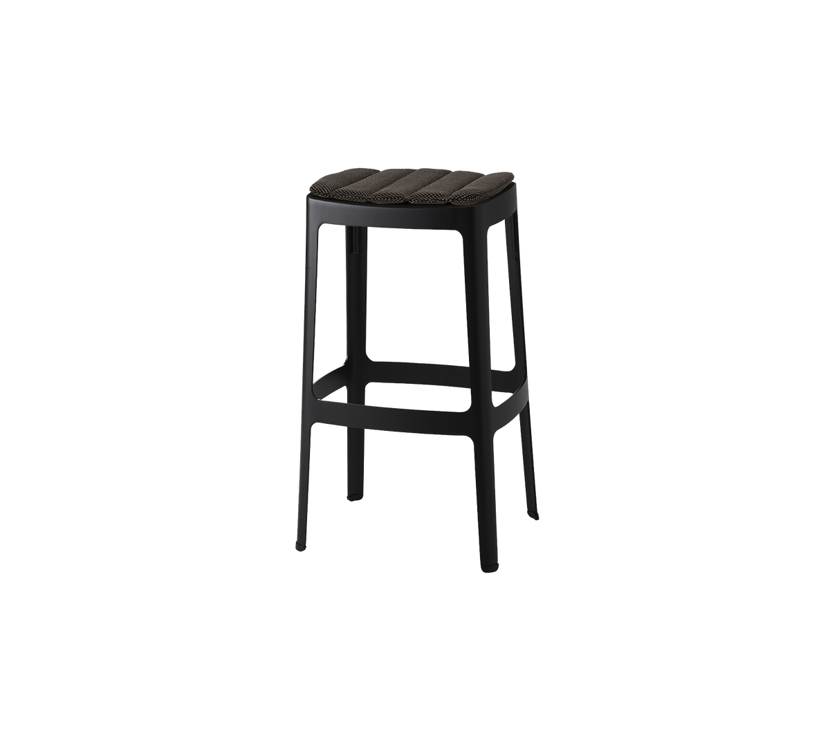 Ein eleganter schwarzer Barhocker mit einem laminierten Sitz und stabilen Beinen, entworfen für Komfort und Stil. Ideal für moderne Umgebungen.