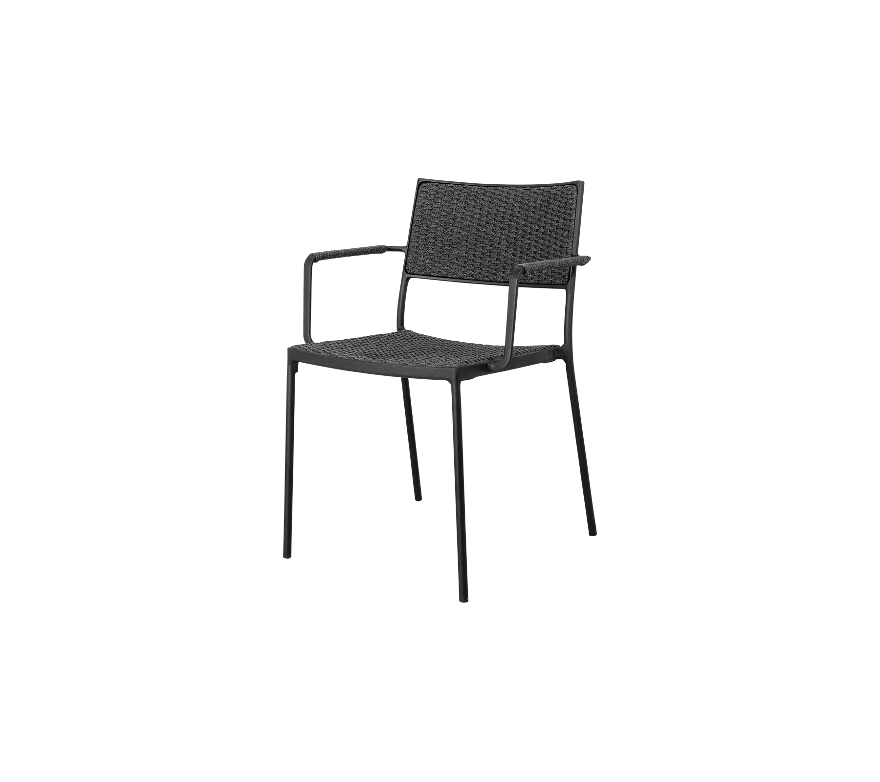 Schwarzer gewebter Sessel mit minimalistischer Gestaltung, robustem Rahmen und komfortablem Sitz für informelle oder formelle Anlässe.