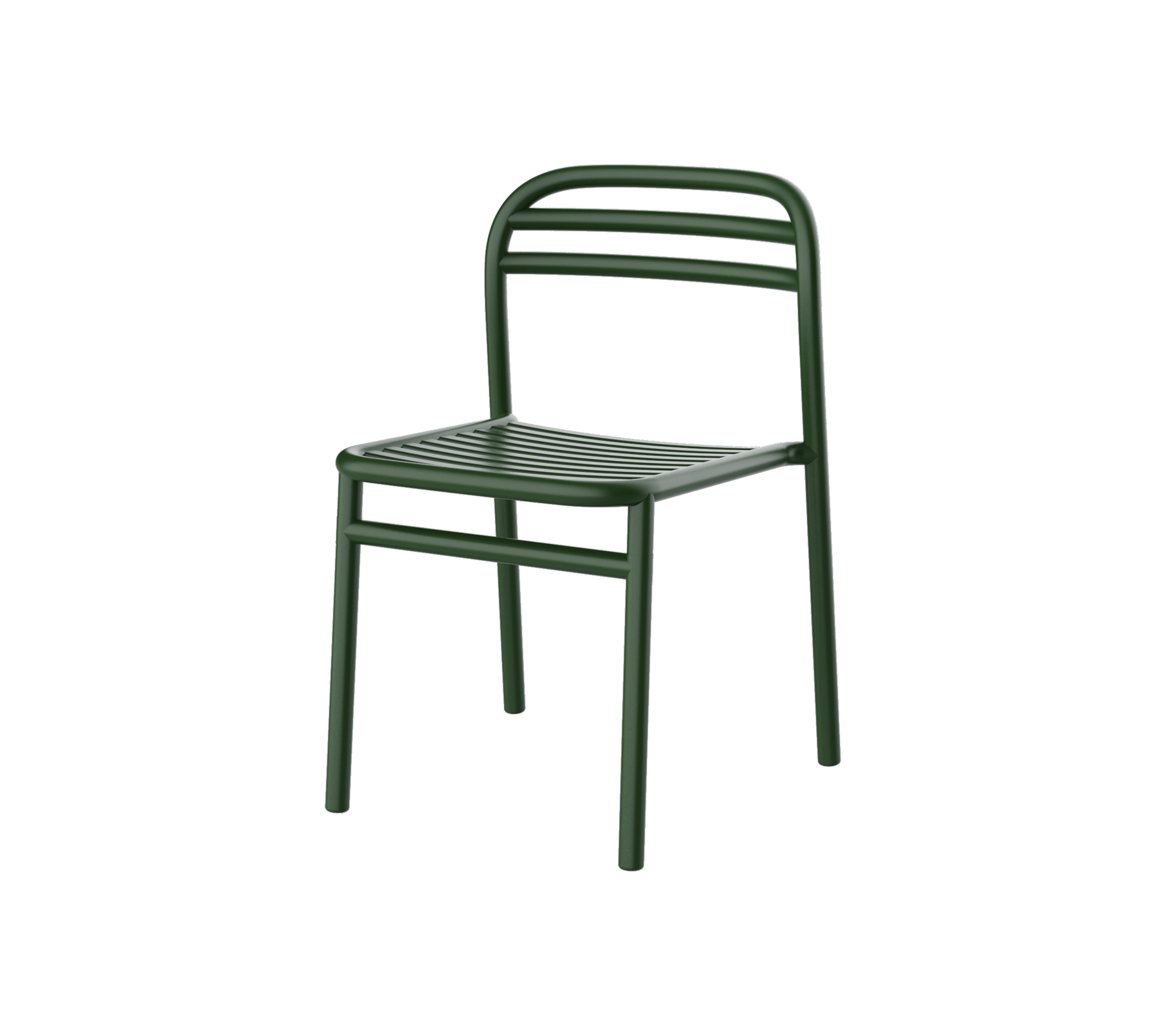 Grüner Metallstuhl mit einfachem Design, ausgestattet mit einer lattenförmigen Sitzfläche und Rückenlehne für Komfort und Stil. Perfekt für vielseitige Einsatzmöglichkeiten.
