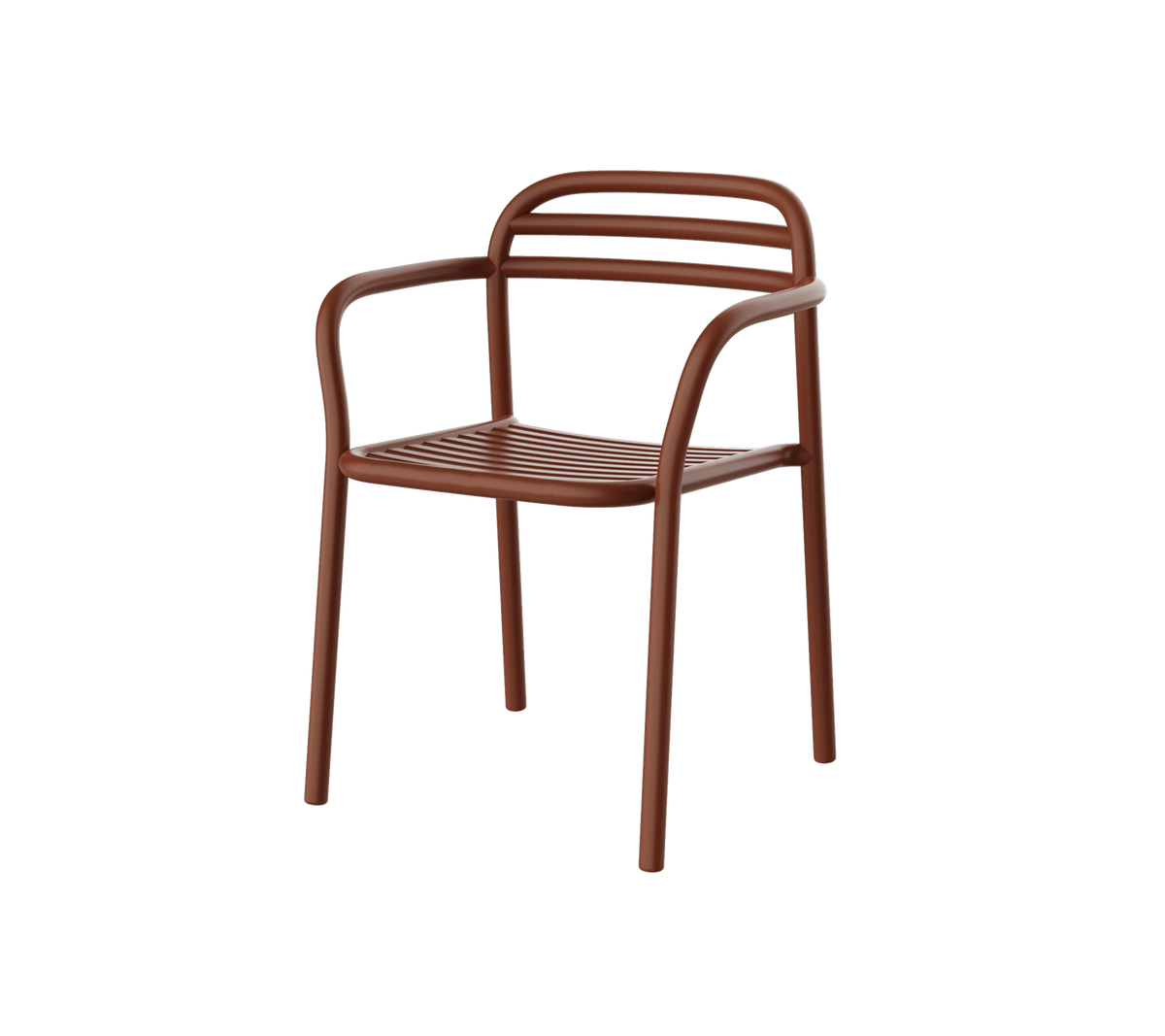 Brauner Stuhl mit modernem Design, der gebogene Arme und horizontale Latten an der Rückenlehne hat. Ideal für entspanntes Sitzen.