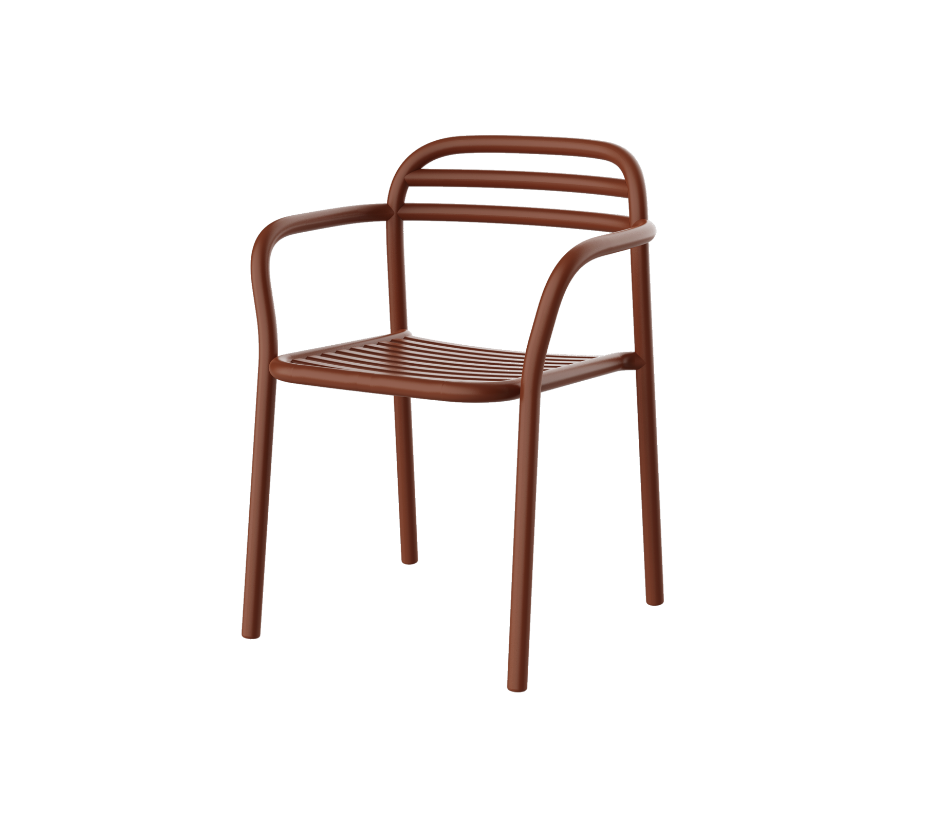Brauner Stuhl mit modernem Design, der gebogene Arme und horizontale Latten an der Rückenlehne hat. Ideal für entspanntes Sitzen.