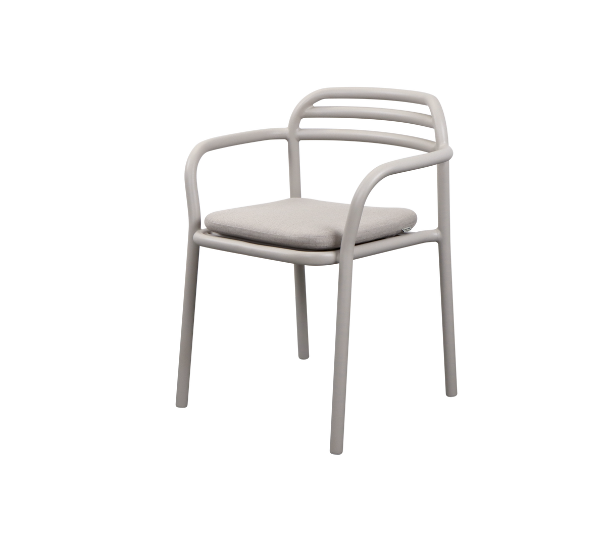 Ein moderner Sessel mit einem eleganten Design, runden Armlehnen und einem gepolsterten Sitz in neutraler Farbe.
