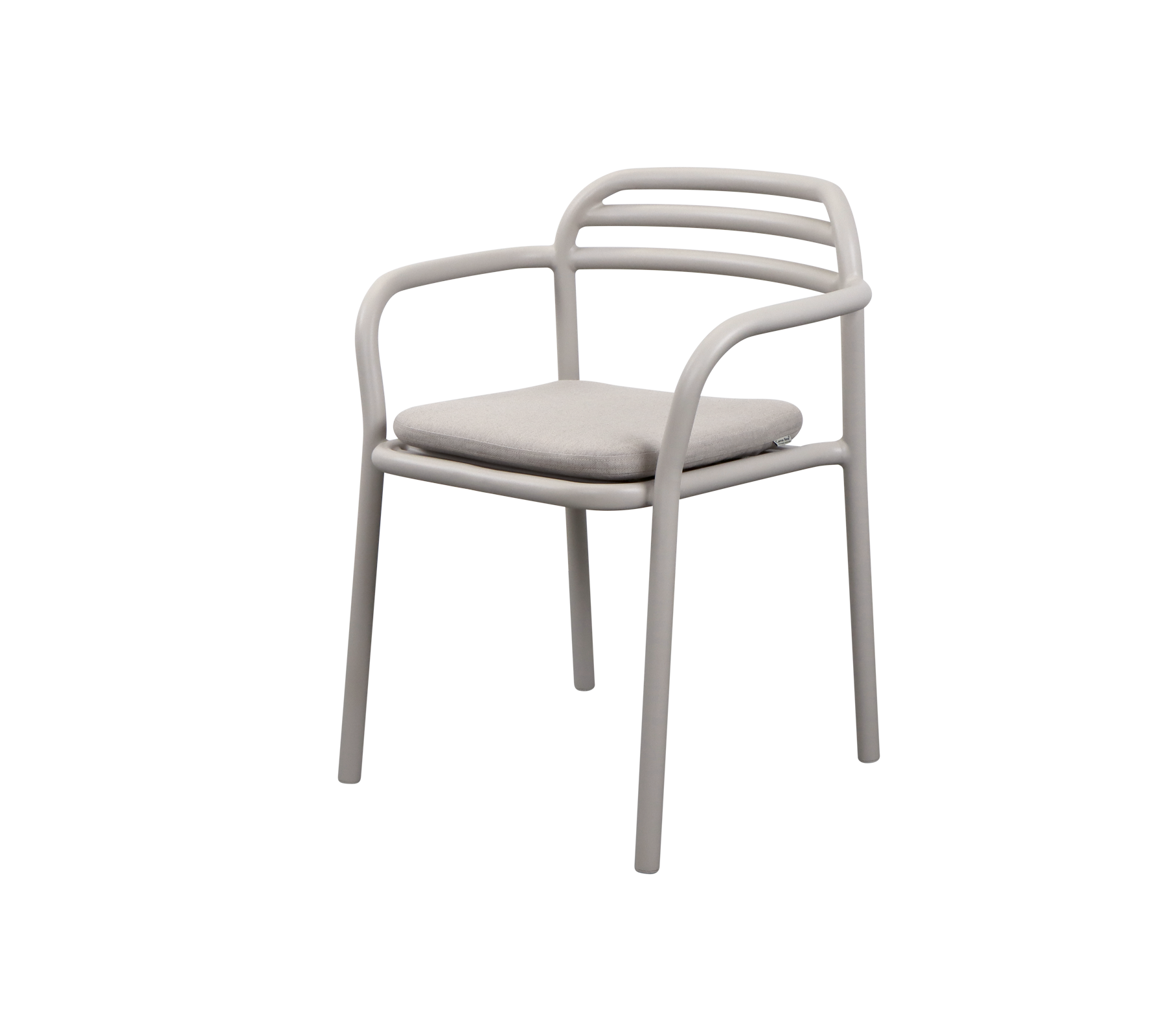 Ein moderner Sessel mit einem eleganten Design, runden Armlehnen und einem gepolsterten Sitz in neutraler Farbe.
