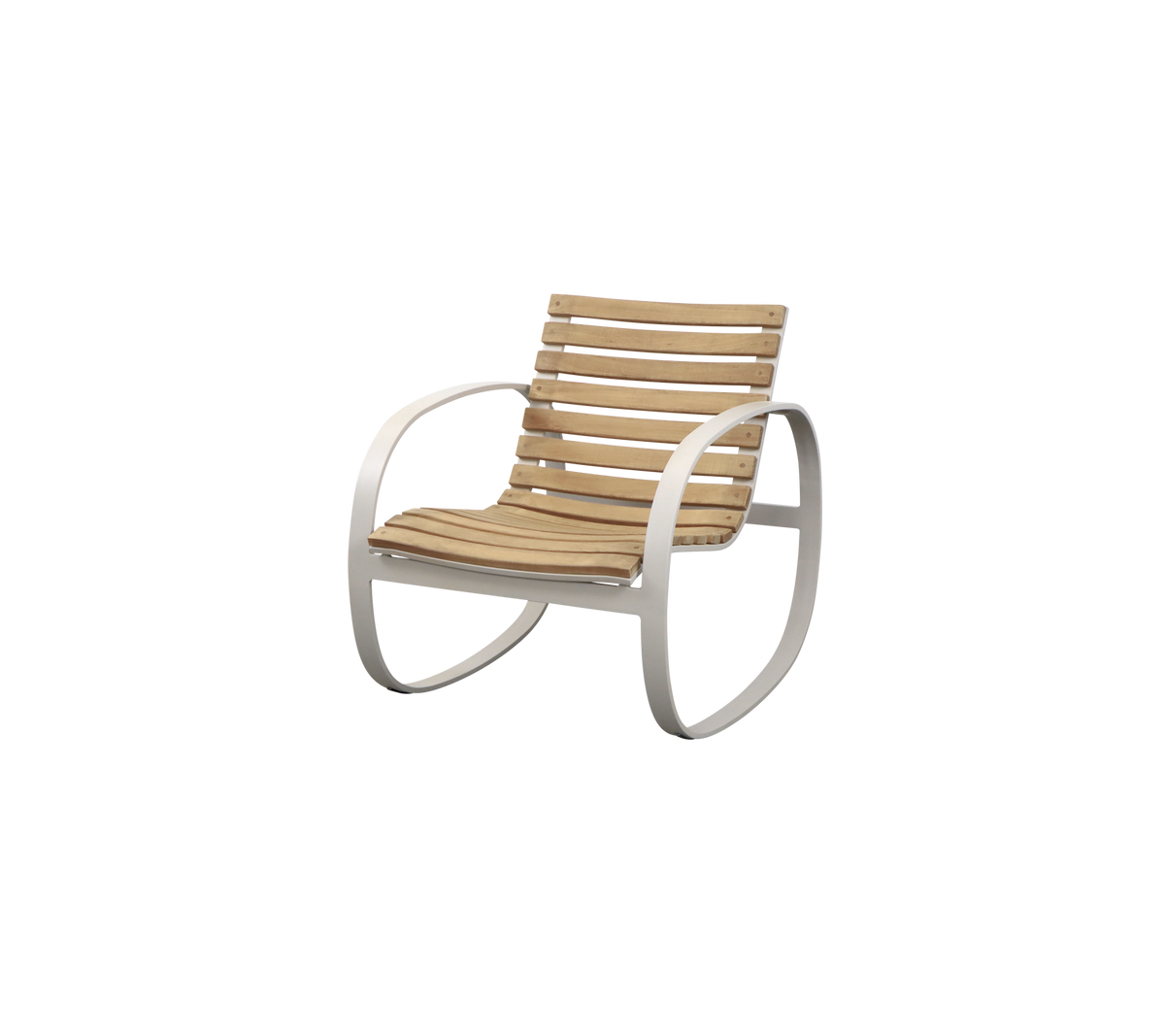 Stylischer Schaukelstuhl mit einem Lattenholzsitz und einem eleganten, geschwungenen Metallrahmen. Ideal für entspannendes Sitzen und Komfort.