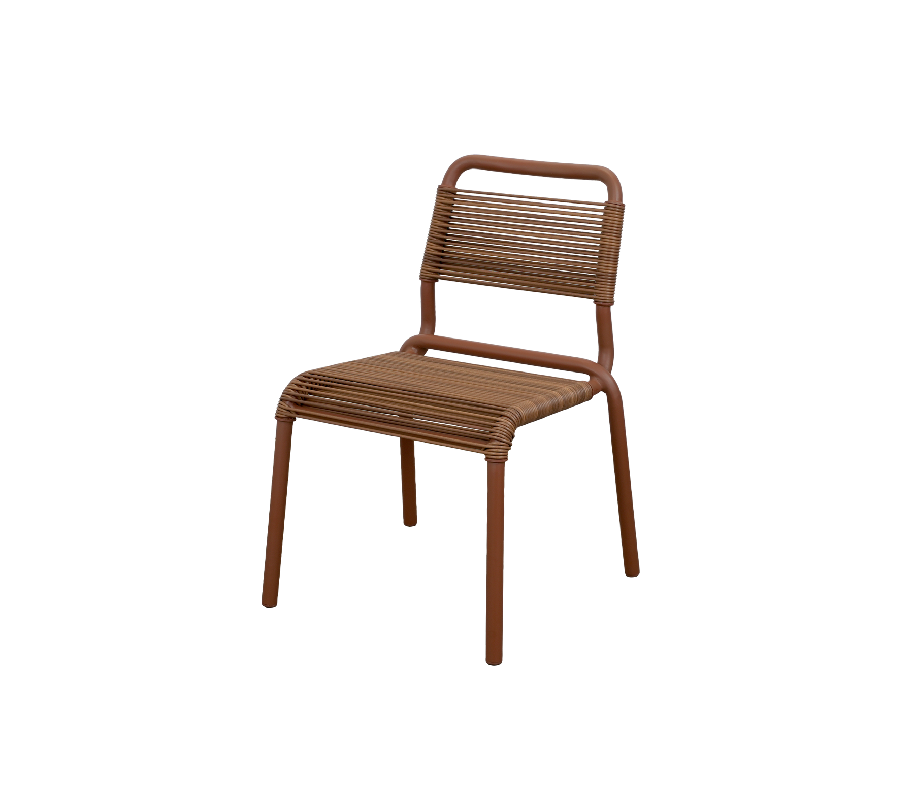 Braune Stuhl mit einem schlichten Design und Lattenrückenlehne.