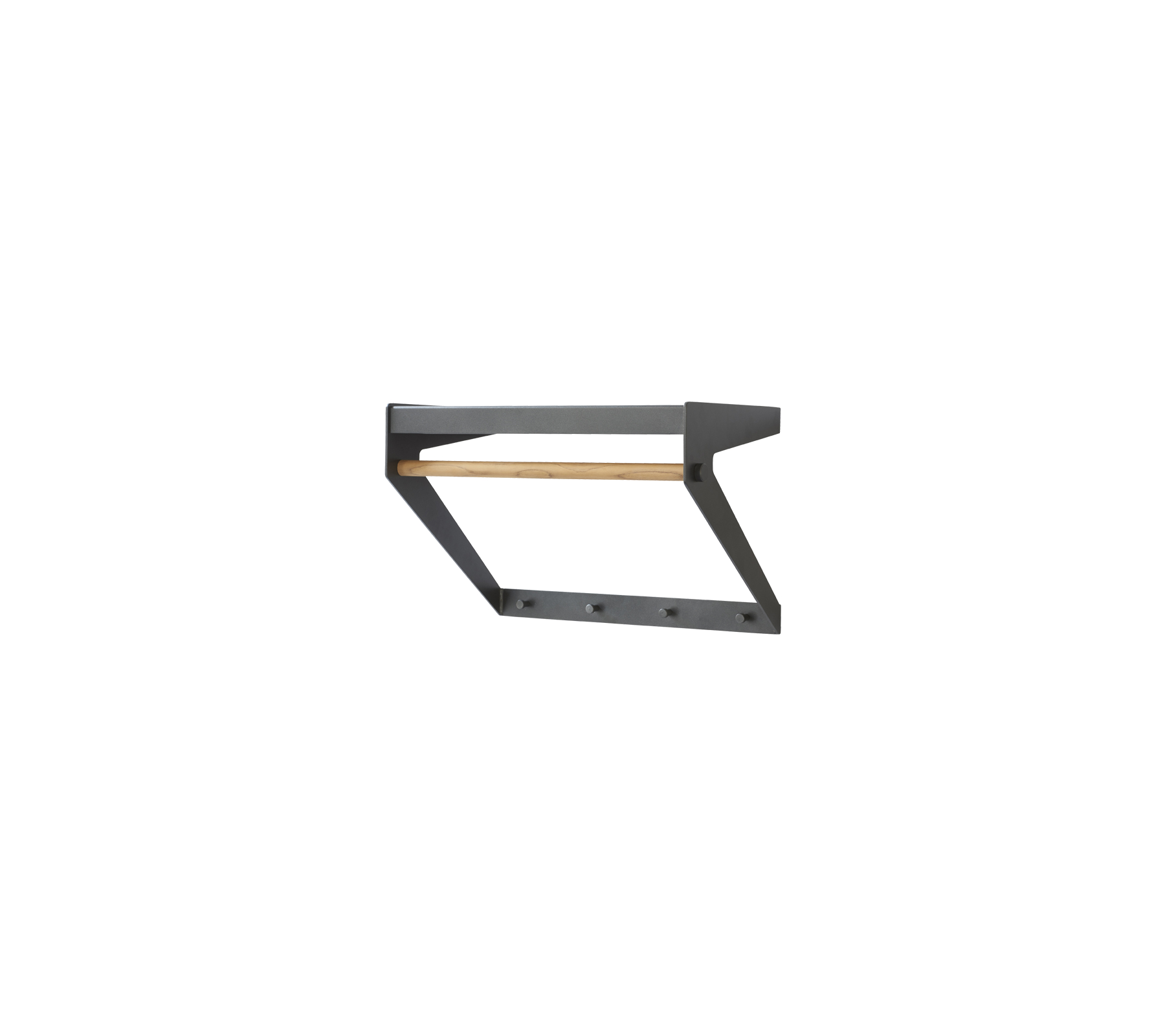 Stylische wandmontierte Garderobe mit einem Holzregal und mehreren Haken für effiziente Aufbewahrung. Ideal zur Organisation von Oberbekleidung und Accessoires.