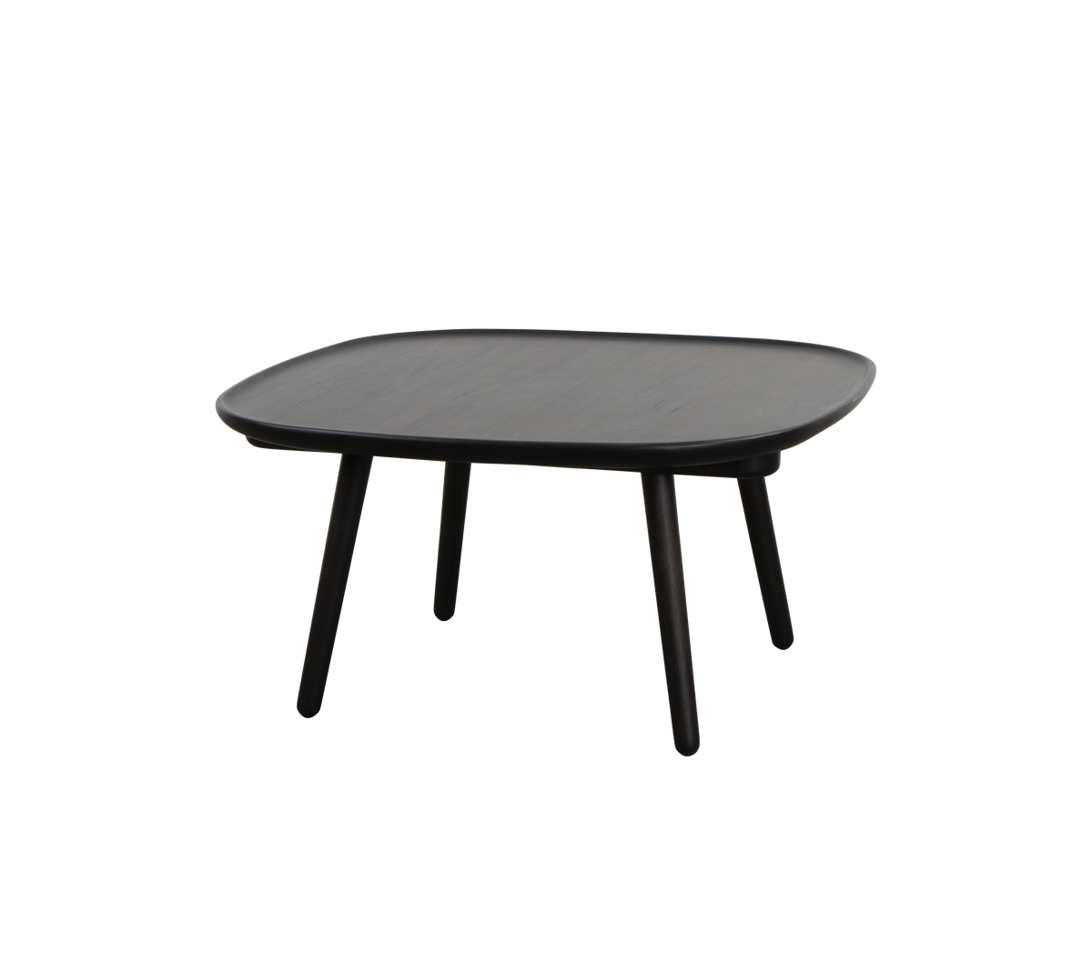 Quadratischer schwarzer Tisch mit einer glatten Oberfläche und vier schlanken Beinen, entworfen für vielseitige Verwendung in verschiedenen Umgebungen.