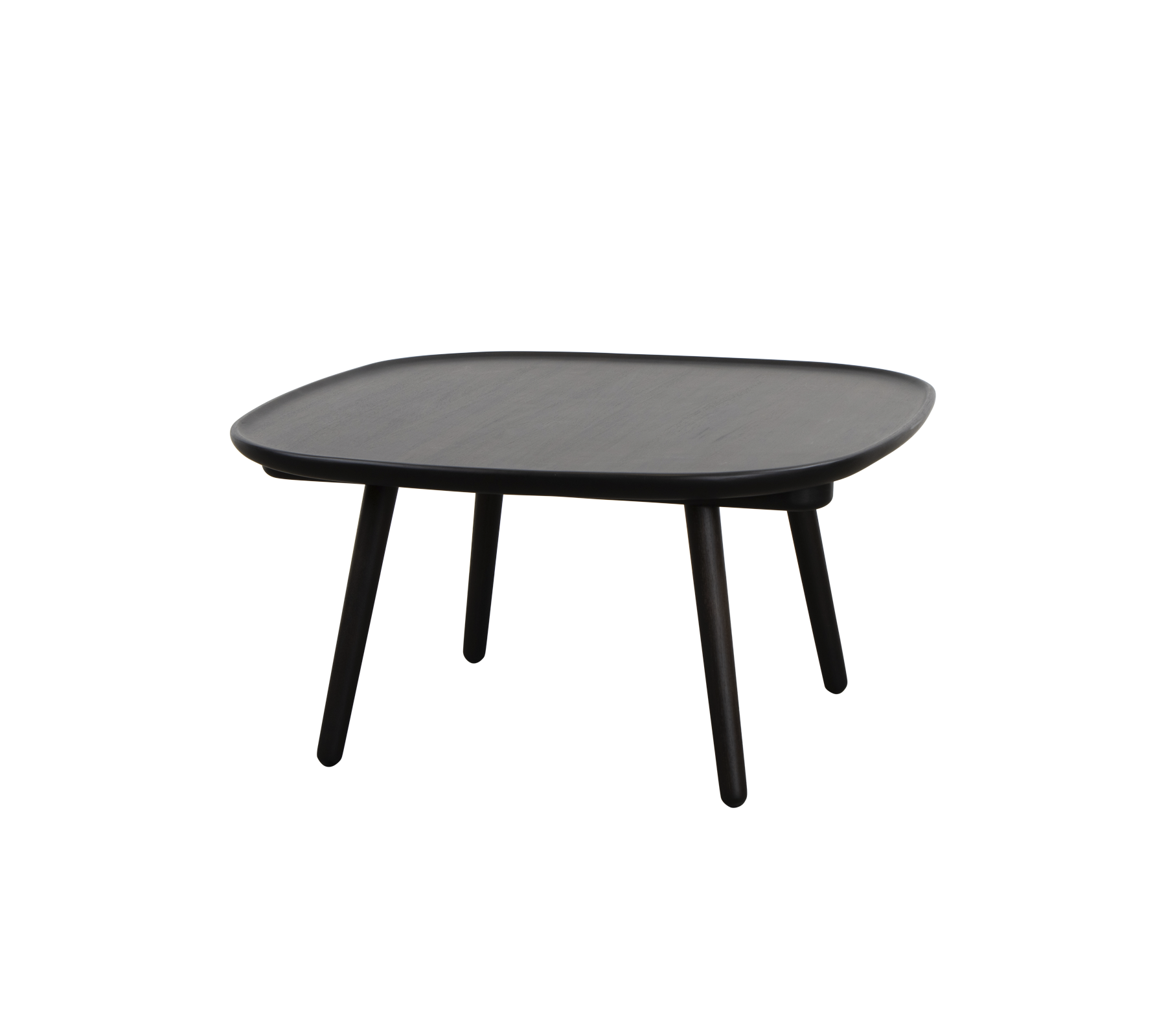 Quadratischer schwarzer Tisch mit einer glatten Oberfläche und vier schlanken Beinen, entworfen für vielseitige Verwendung in verschiedenen Umgebungen.