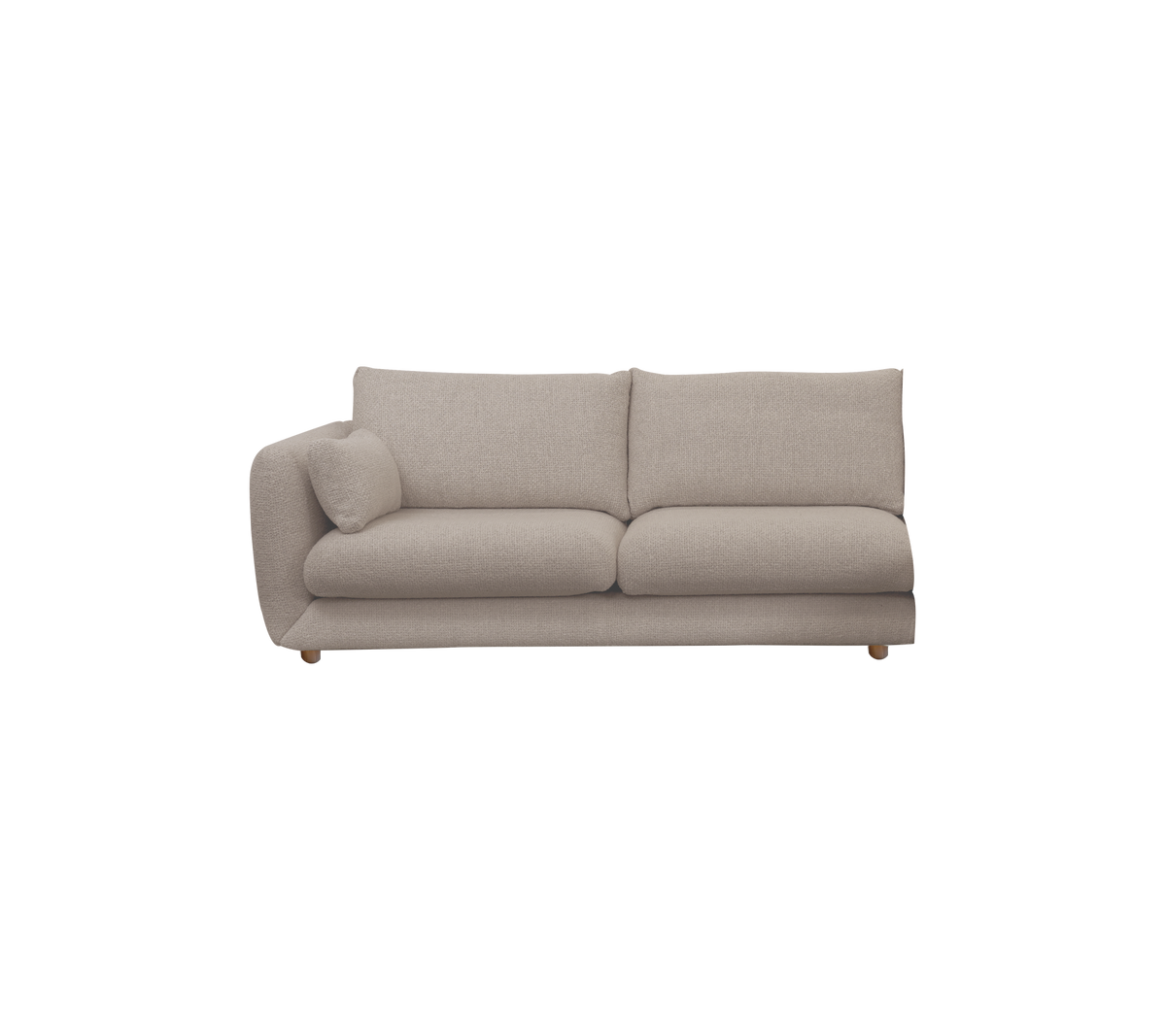 Hellbraunes modernes Sofa mit minimalistischem Design und abgerundeten Armlehnen.
