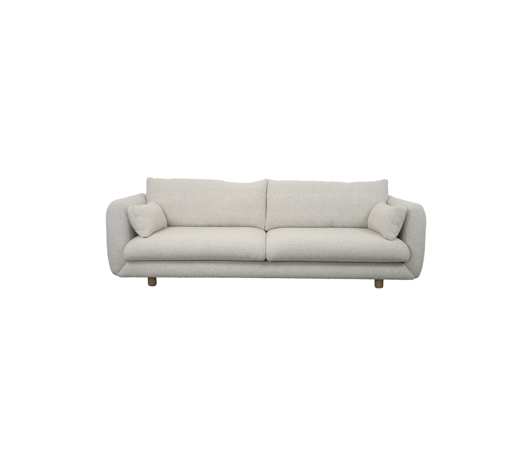 Helle, plüschige Couch mit zwei passenden Kissen, die ein modernes Design und klare Linien für eine stilvolle Sitzgelegenheit bietet.