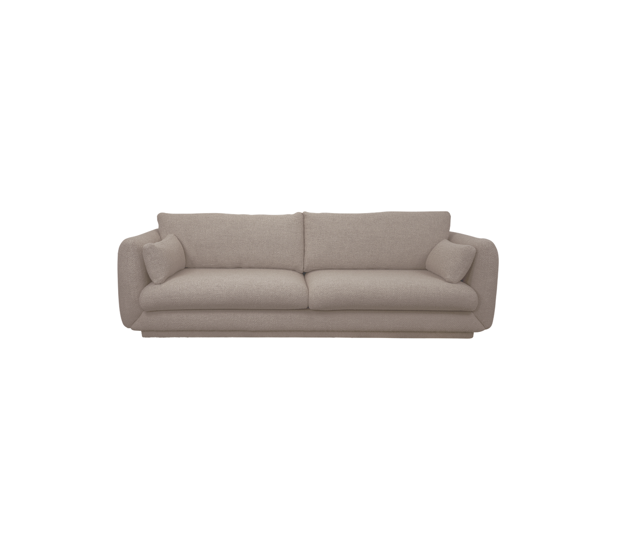 Hellbraunes modernes Sofa mit plüschigen Kissen und einem entspannten Design.