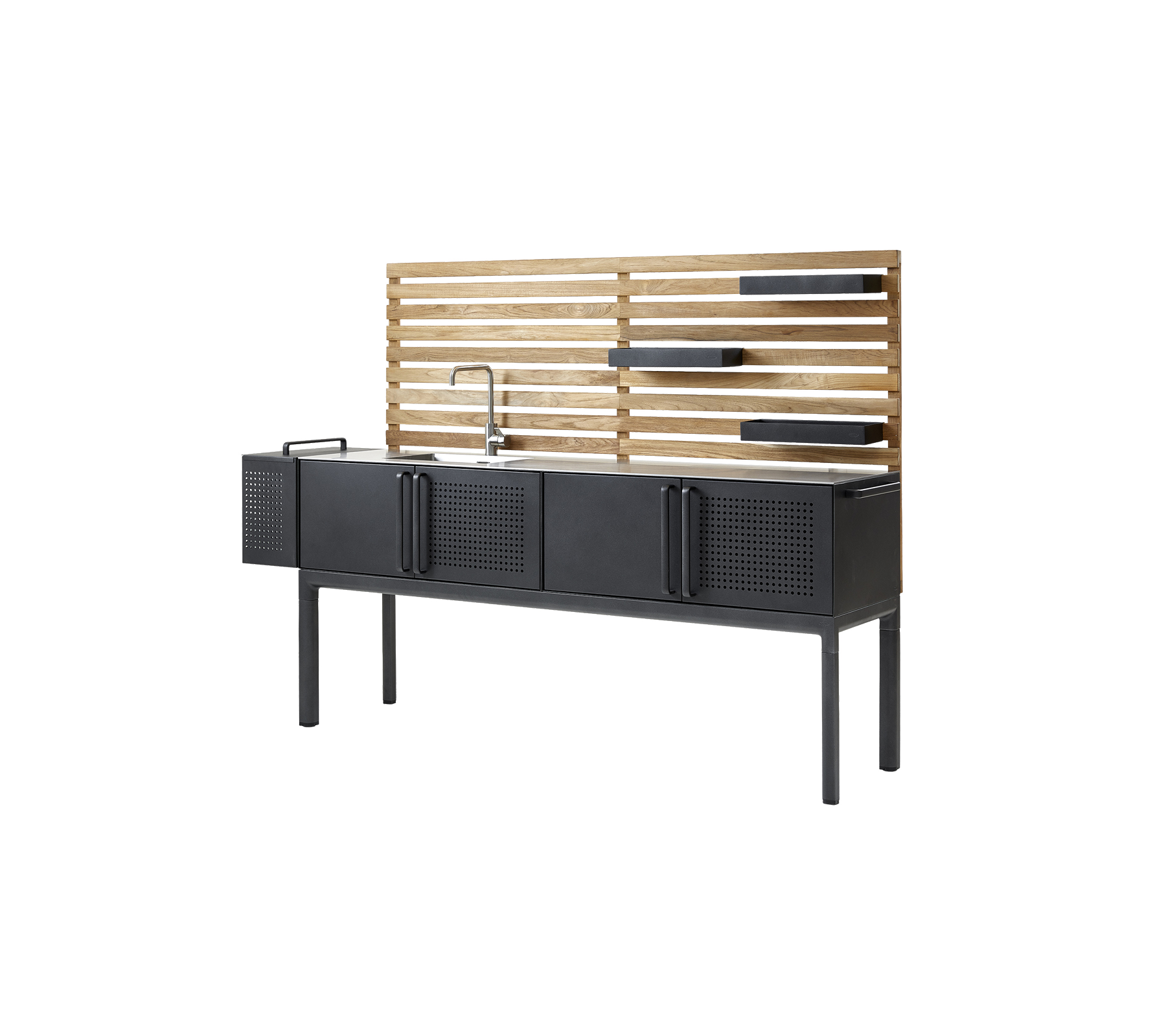 Modernes Schrank mit einer eleganten schwarzen Oberfläche, ausgestattet mit vier Stauraumfächern und einem Holzlattenrücken mit Regalplatz. Perfekt für stilvolle Organisation.