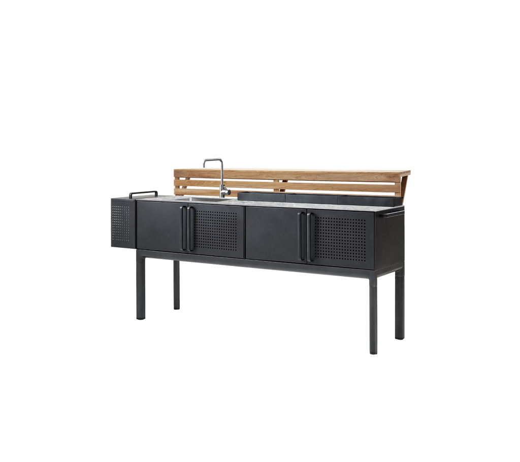 Modernes graues Schrank mit Teakregal und Waschbecken.