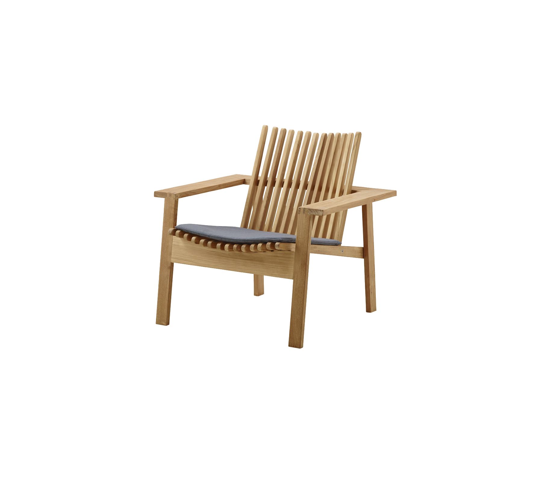 Stylischer Holzstuhl mit slatted Rückenlehne und gepolsterter Sitzfläche, ideal für Komfort und Ästhetik.