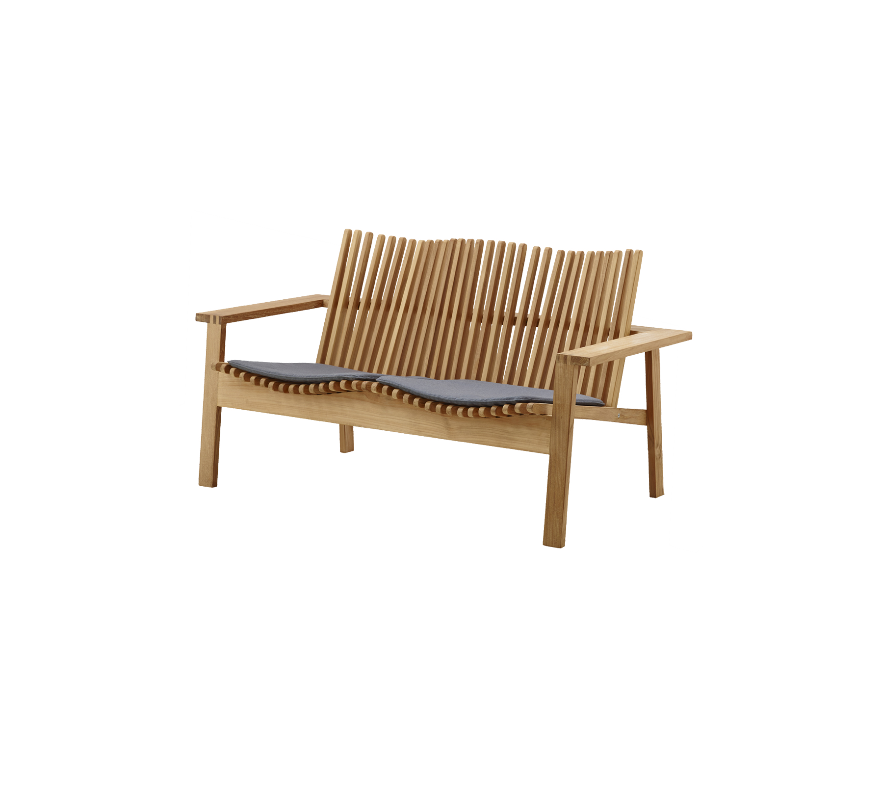 Stylische Holzbank mit Lattenrückenlehne und bequemem grauem Kissen, perfekt zum Entspannen und Sitzen in jedem Raum.