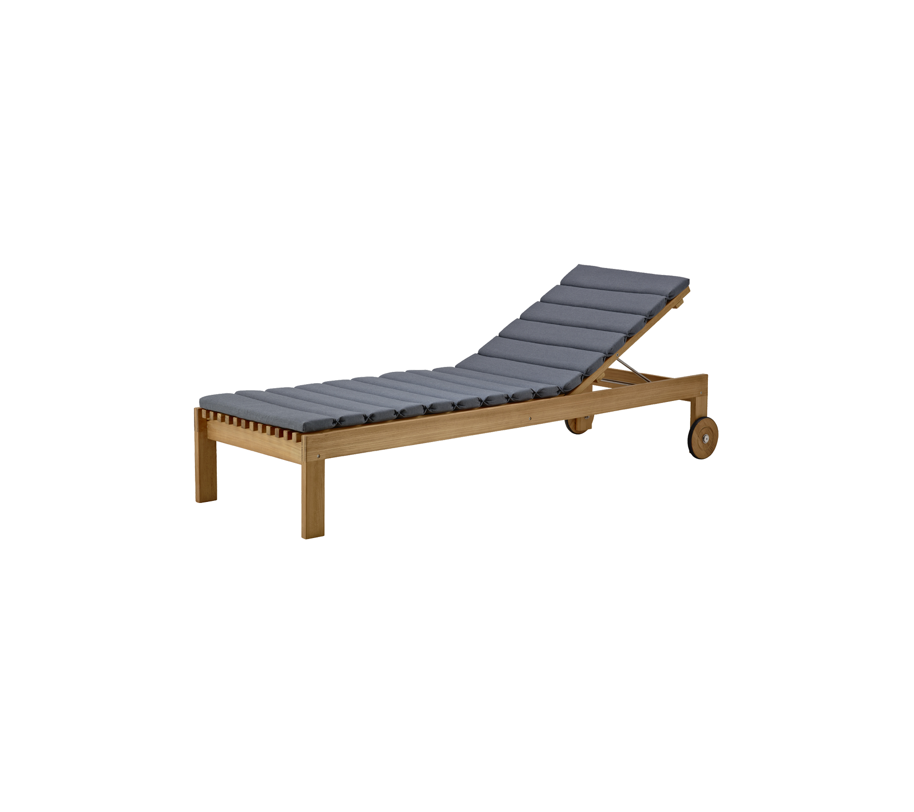 Stylischer Lounge-Stuhl mit Holzrahmen und grauem gepolstertem Sitz, entworfen für Komfort und Entspannung.