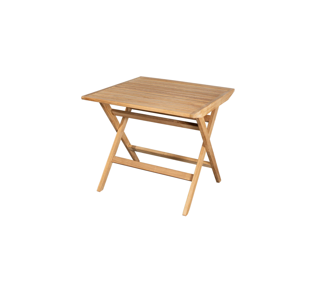 Kompakter Holztisch mit slatted-top und gekreuzten Beinen, perfekt für vielseitige Verwendung in verschiedenen Umgebungen.
