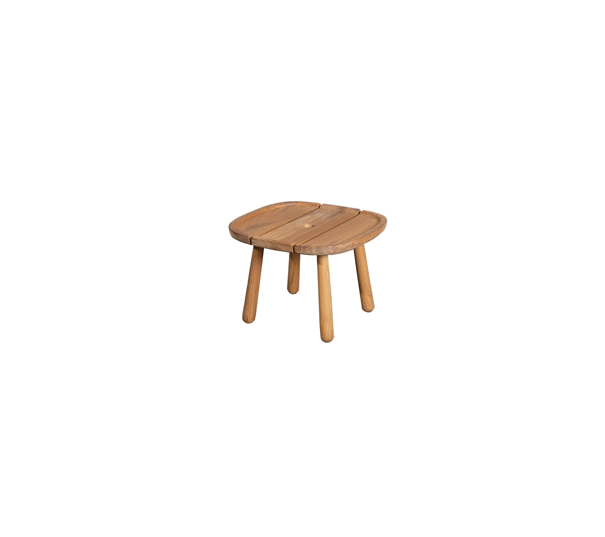 Kleiner Holztisch mit einer abgerundeten quadratischen Tischplatte und vier stabilen Beinen, perfekt für verschiedene Anwendungen in einem stilvollen Ambiente.