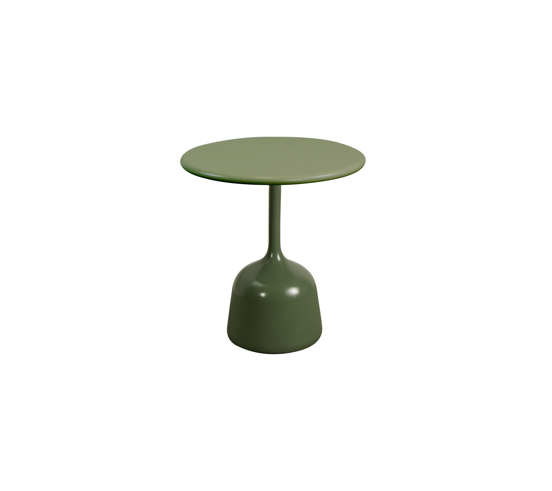 Kleiner runder Tisch mit einem schlichten Design und einer soliden grünen Oberfläche, mit einer glatten Tischplatte, die von einem runden Fuß gestützt wird.