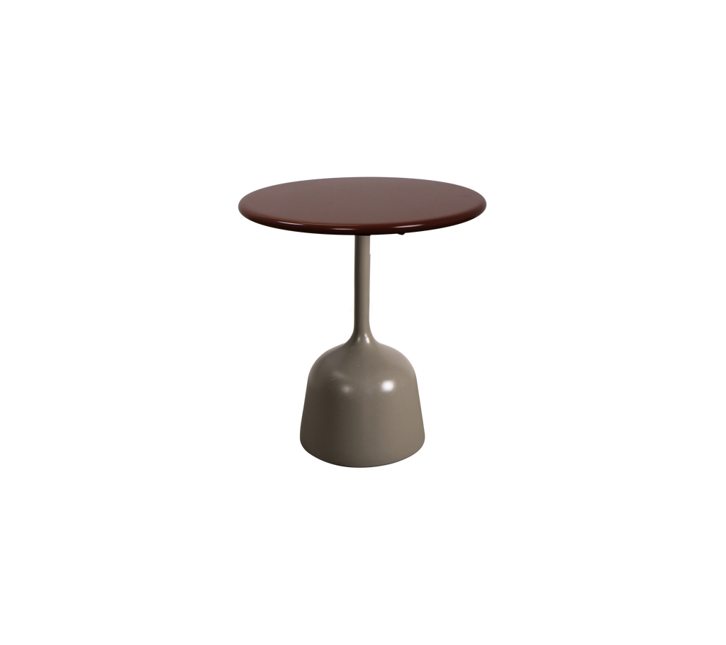 Burgunder runder Tisch mit einem taupefarbenen Sockel.