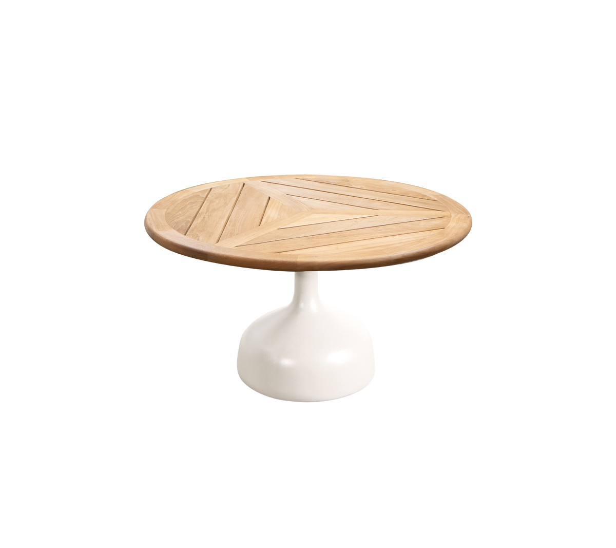 Runder Tisch mit einer Holzplatte mit geometrischen Mustern und einem schlanken weißen Pedestalfuß. Ideal für moderne und stilvolle Räume.