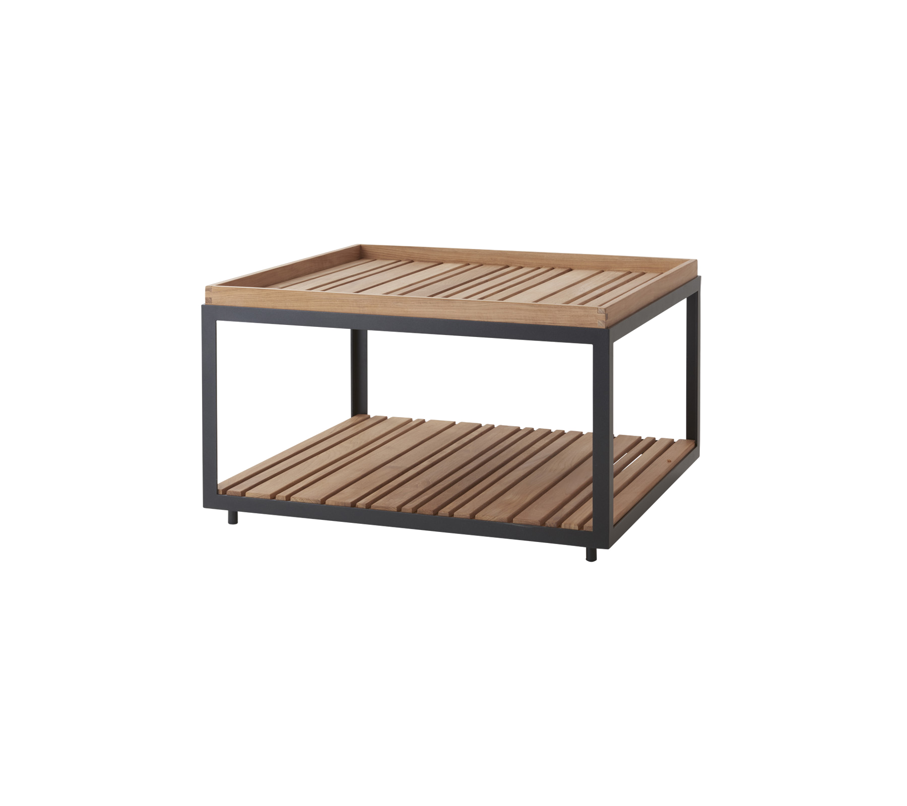 Stilvoller Holztisch mit Lamellen und einem modernen Metallrahmen, ausgestattet mit einem offenen Regal für zusätzlichen Stauraum oder zur Präsentation.