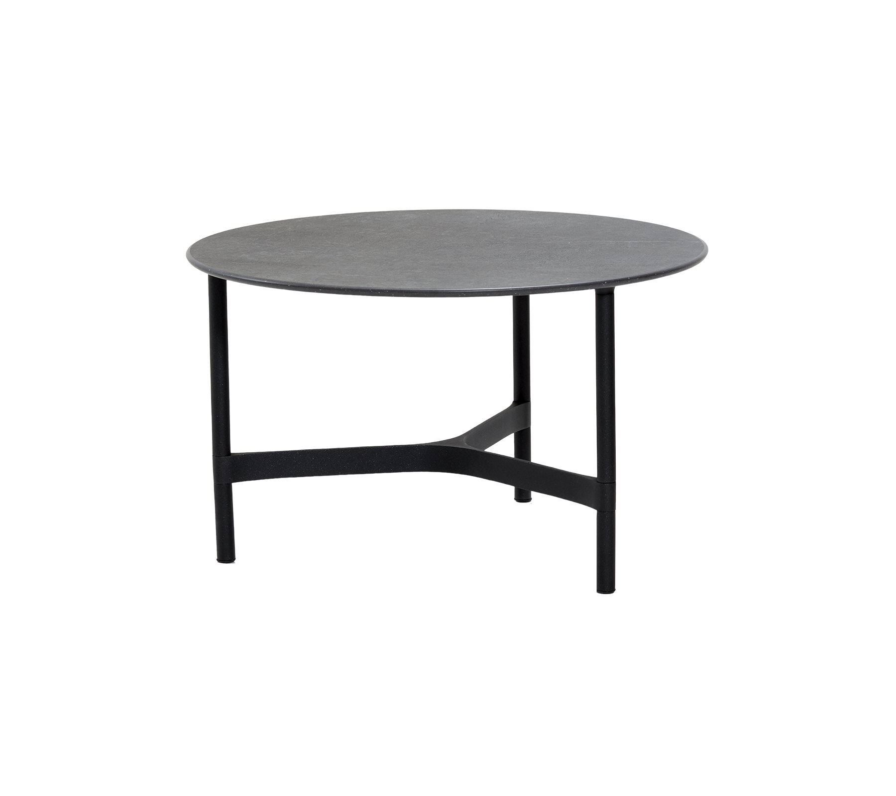 Runder Tisch mit einer schlanken grauen Tischplatte und einem stabilen schwarzen Rahmen, perfekt für moderne Wohnräume und entspannte Zusammenkünfte.
