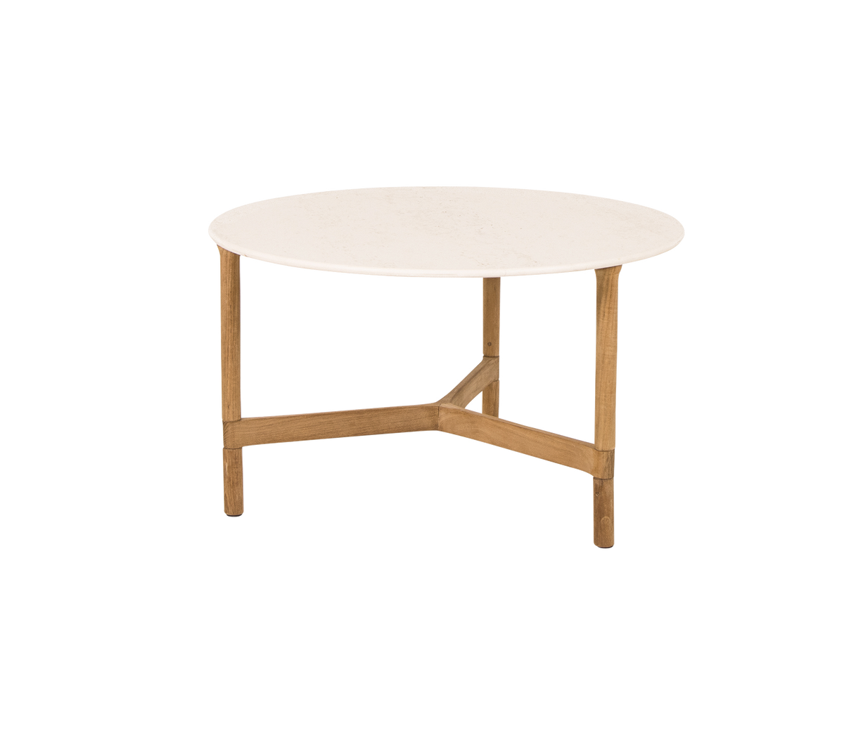 Runder Couchtisch mit einer glatten weißen Oberseite und hellen Holzbeinen, mit einem modernen und minimalistischen Design.