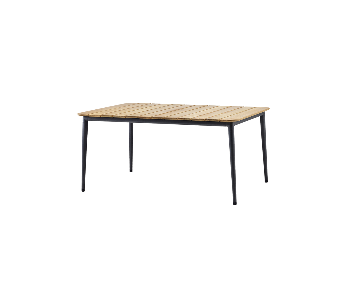Rechteckiger Tisch mit einer lamellenartigen Holzplatte und schlanken schwarzen Beinen, geeignet für verschiedene Umgebungen.