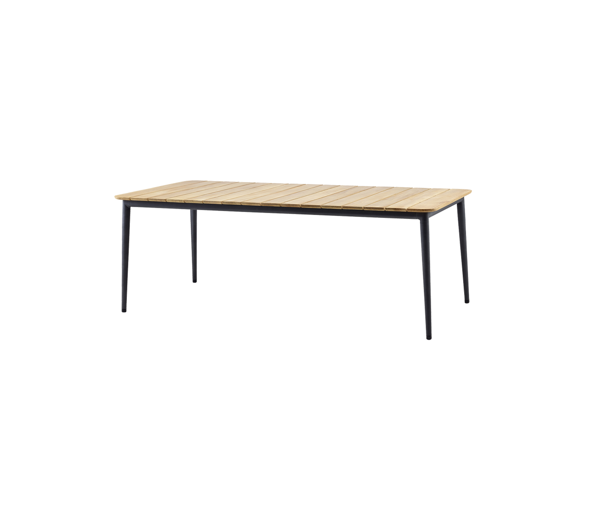 Stilvolles Tisch mit einer Holzlattenplatte und schlanken schwarzen Beinen, perfekt für verschiedene Einsätze.